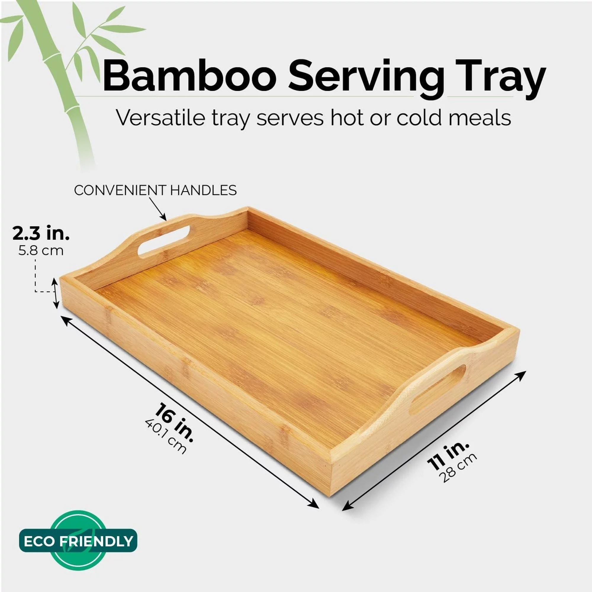 Bamboo Wood Serving Tray with Handles for Breakfast in Bed, Kitchen Counter, Ottoman (16 x 11 x 2 In)