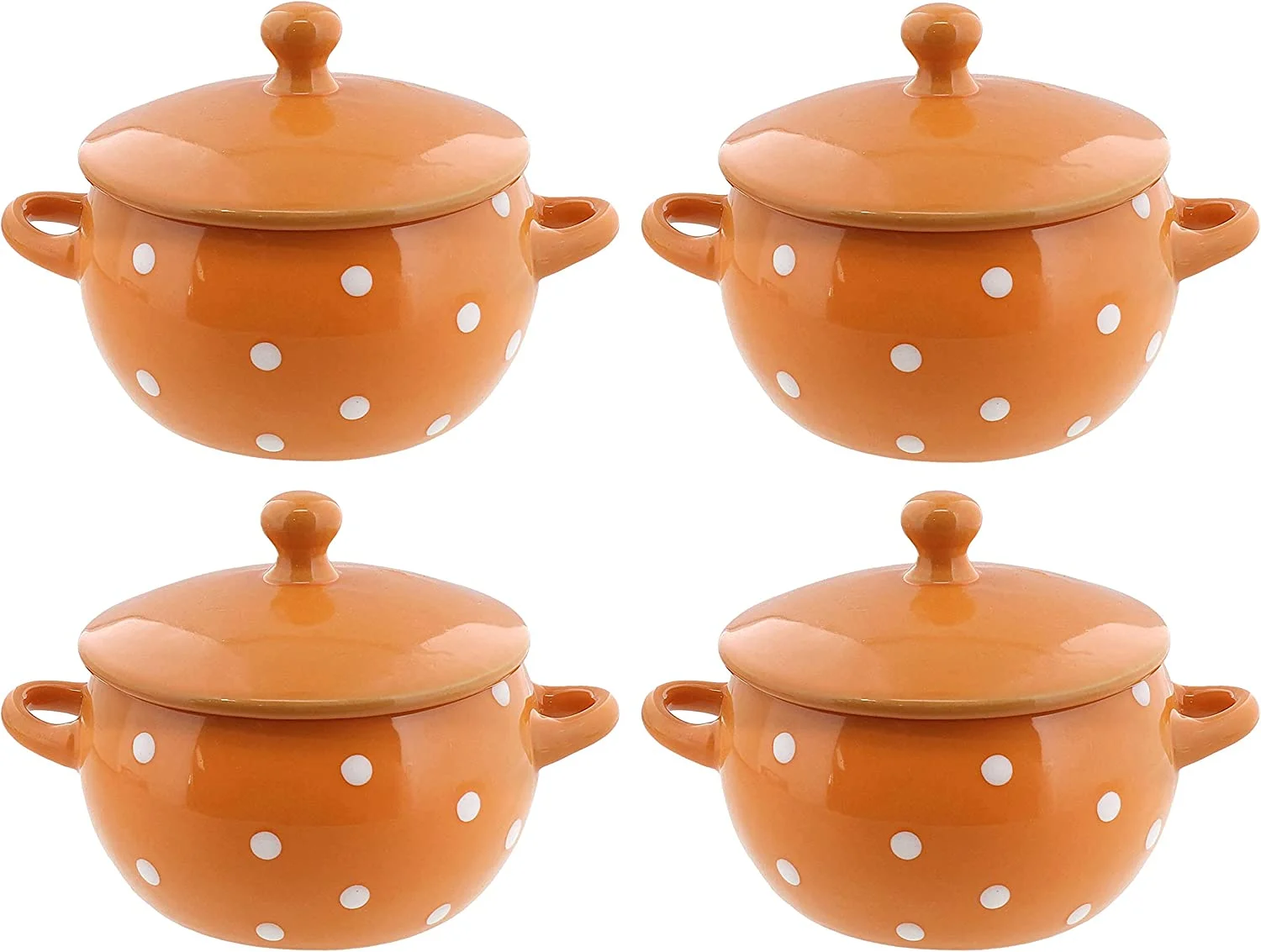 Servette Home Orange Polka Dot Ceramic Soup Bowls with Lids and Handles - Set of 4
