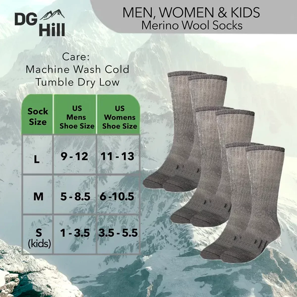 DG Hill 6 Pair Thermal 80% Merino Wool Socks Crew Winter Men’s Women’s Kids