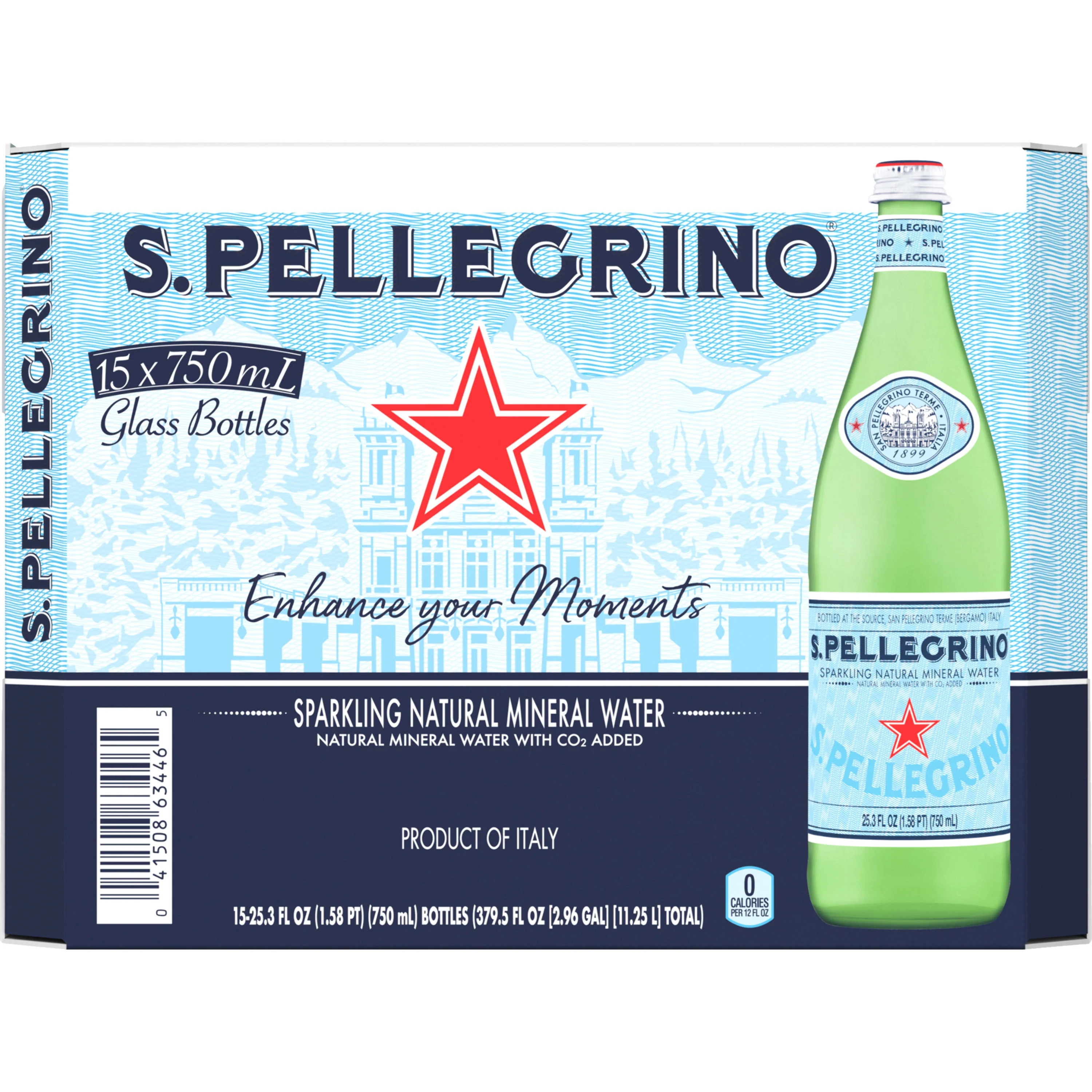 S.Pellegrino Sparkling Natural Mineral Water, 15 Pack of Glass Bottles 379.5 fl oz