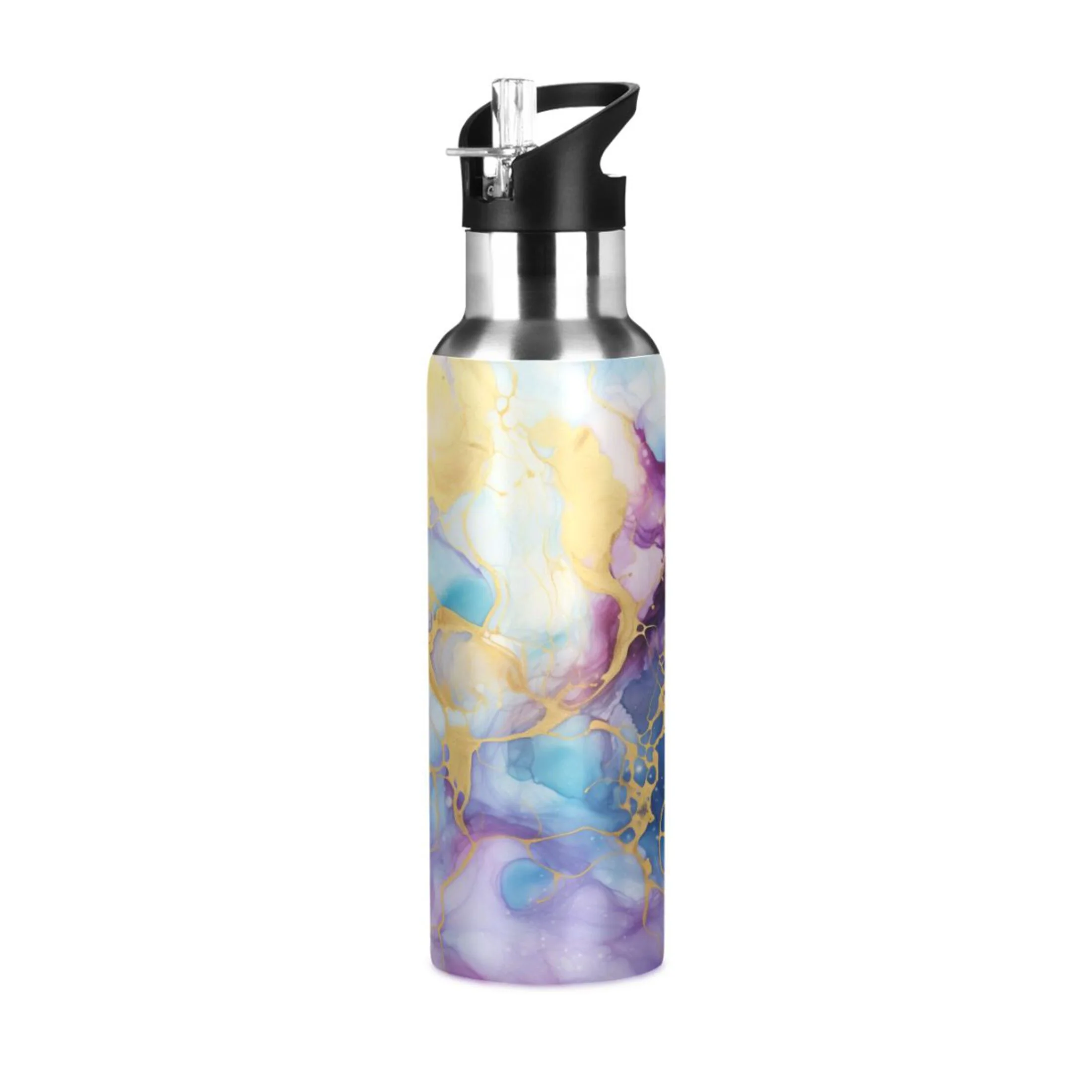 Water Bottle with Straw Lid Leak Purple and Gold Blue Marble Stainless Steel Insulated Thermos Vacuum Flask for Cold Hot Drinking for Sports Camping Gym Yoga