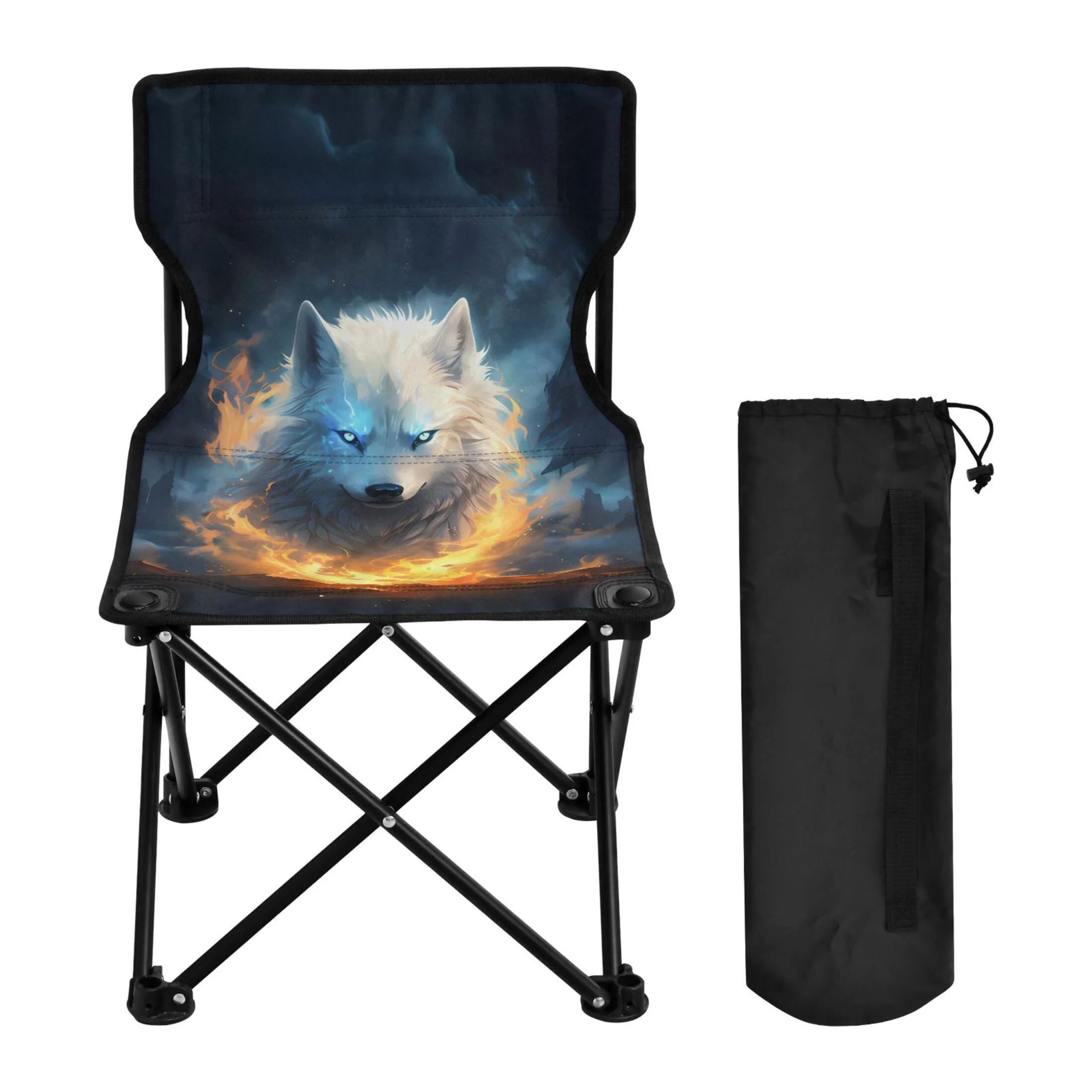 Wolf on Fire Portable Camping Chair Outdoor Folding Beach Chair Fishing Chair Lawn Chair with Carry Bag Support to 220LBS
