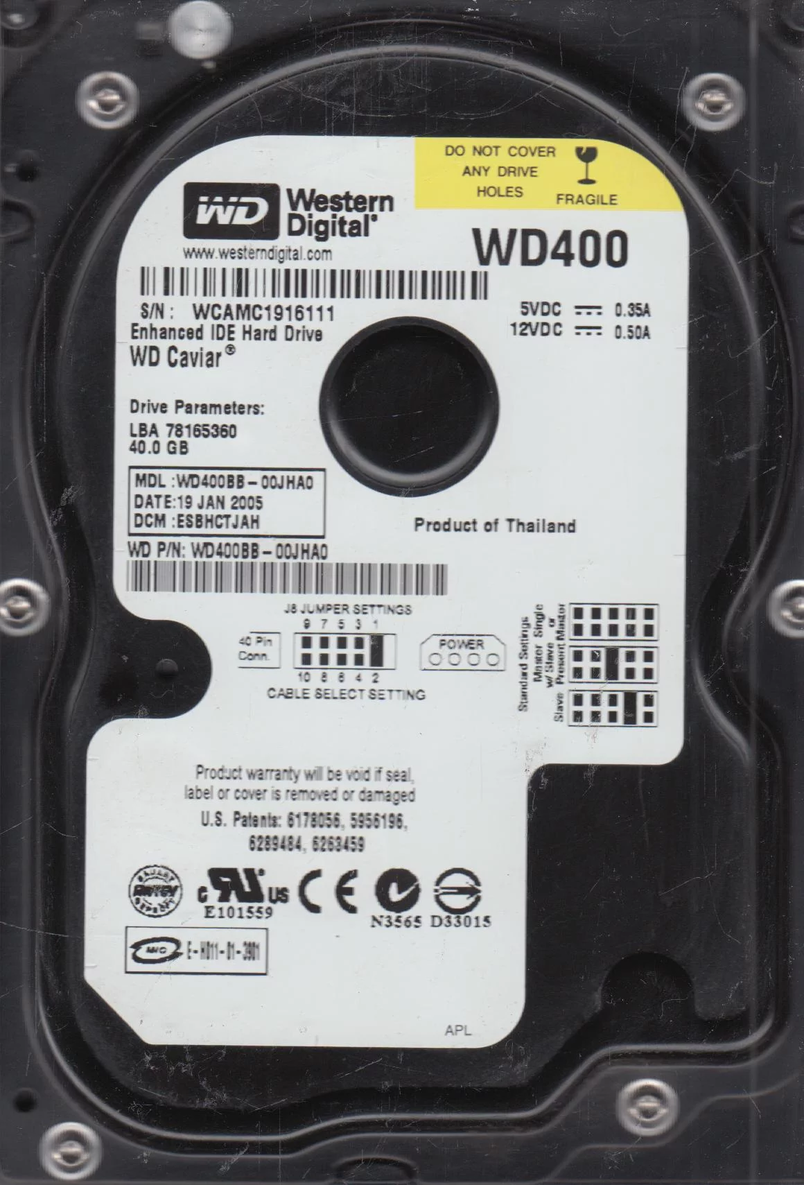 WD400BB-00JHA0, DCM ESBHCTJAH, Western Digital 40GB IDE 3.5 Hard Drive
