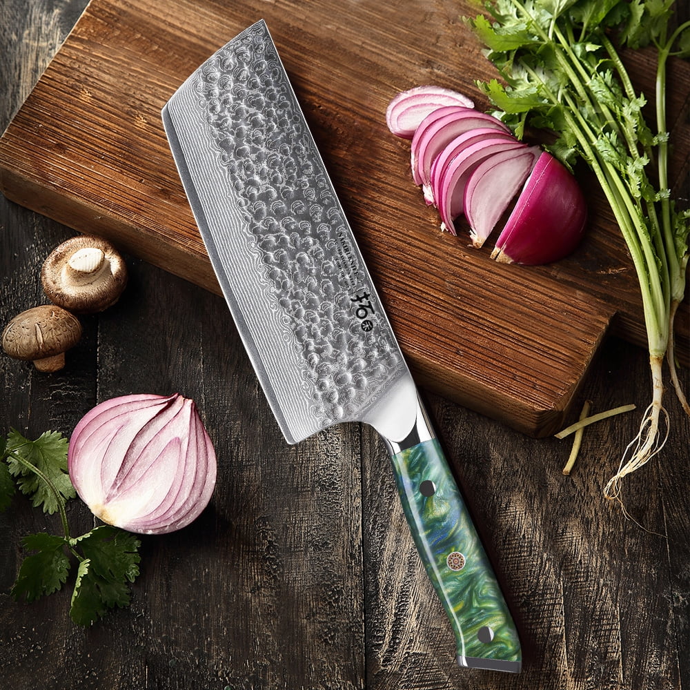 TURWHO 7inch Nakiri Knife Japanese VG10 Damascus Steel Chef Kitchen Knife With Green Resin Handle