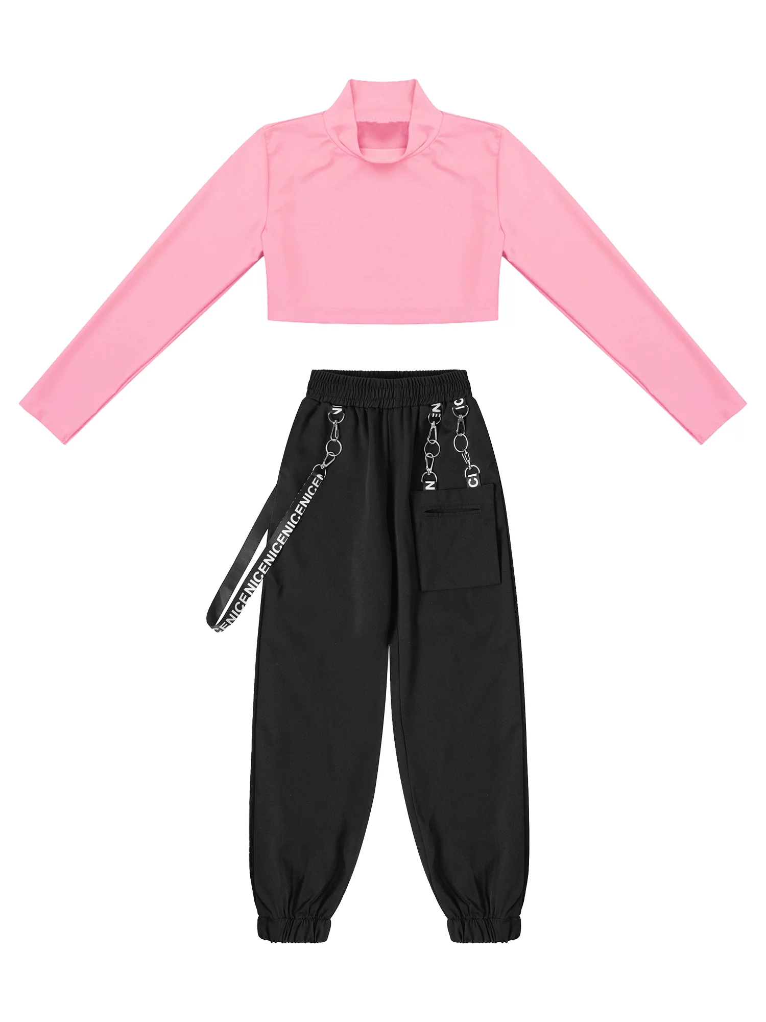 iiniim Kids Girls 2-Piece Hip Hop Dance Outfits Long Sleeve Mock Neck Crop Tops with Chain Pocket Sweatpants