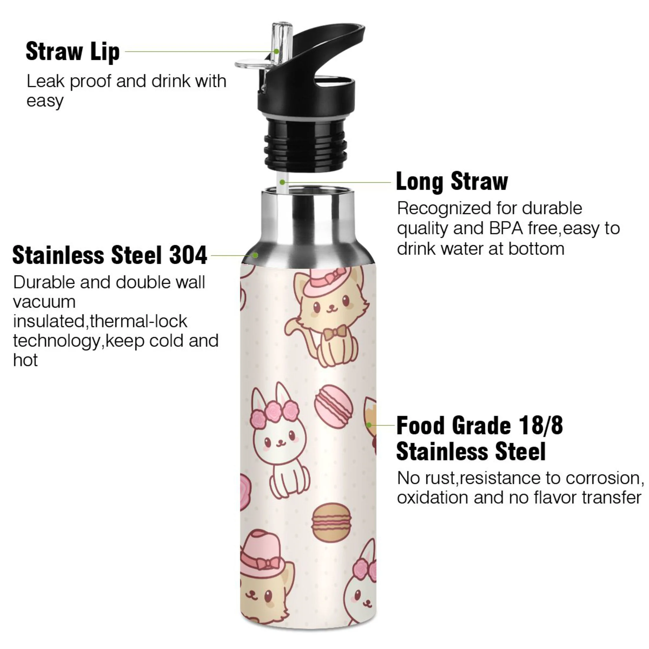 Water Bottle with Straw Lid Leak Cute Rabbit Fox Stainless Steel Insulated Thermos Vacuum Flask for Cold Hot Drinking for Sports Camping Gym Yoga