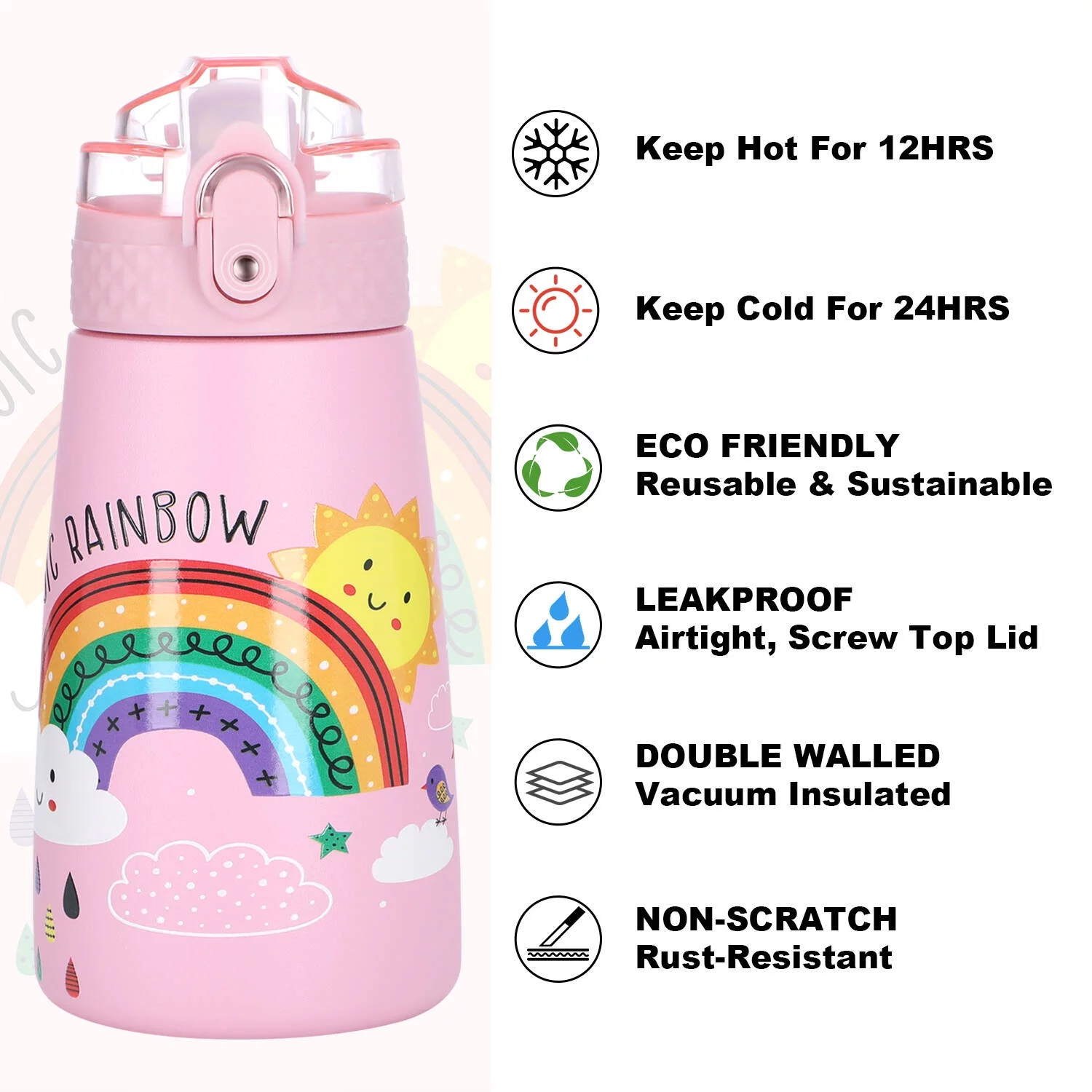 Oldley Kids  Water Bottle 12 oz Double Wall Vacuum Stainless Steel Leakproof Water Bottles with Two Lids Girls Gift Pink