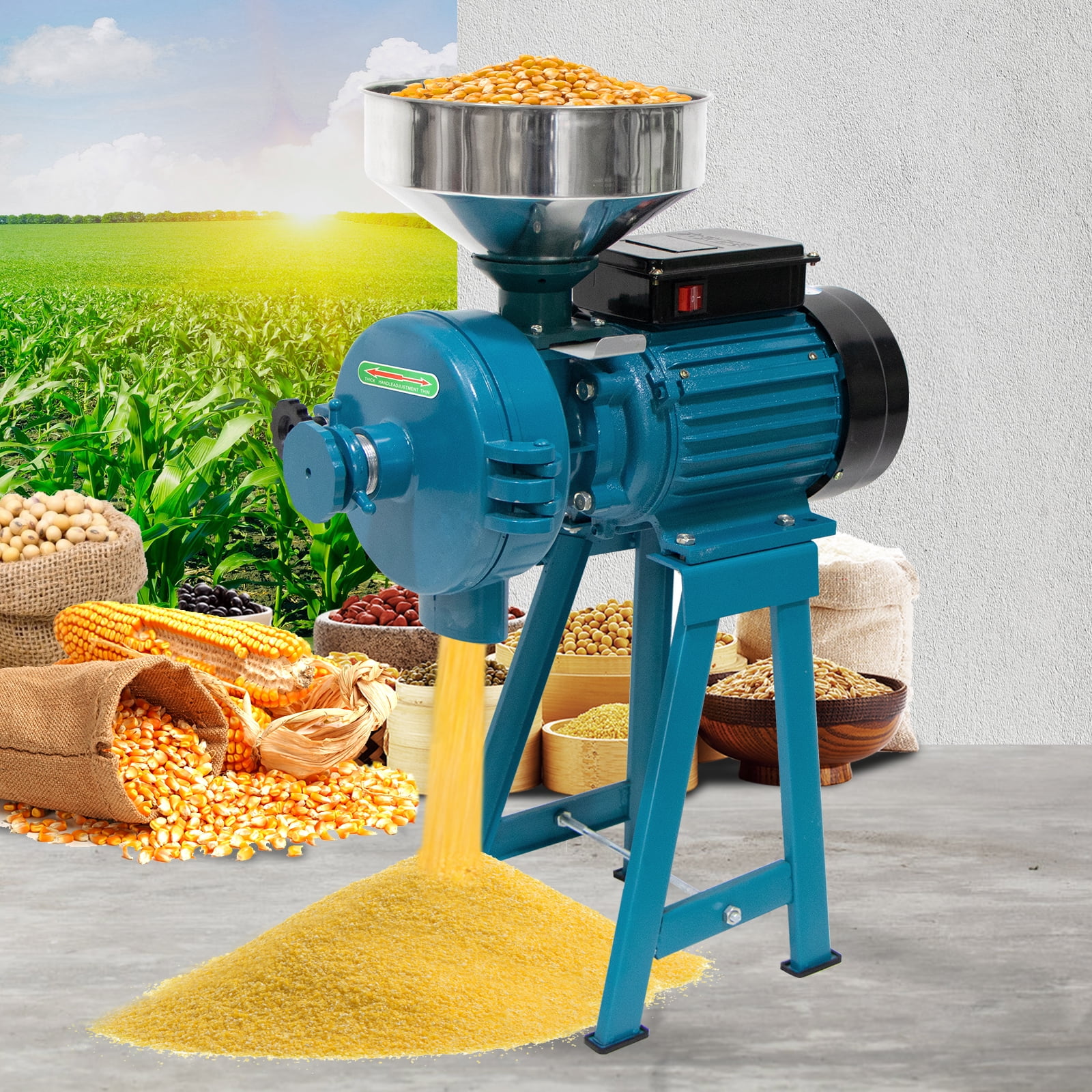 NAIZEA Electric Grain Mill,High Power Adjustable Thickness Grain Mill Electric Dry Powder Machine for Spices Seeds Herb Coffee Bean