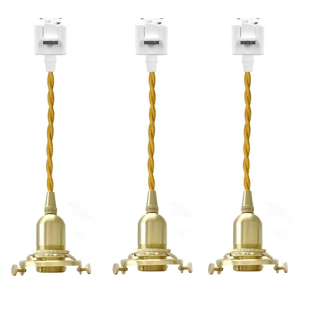 FSLiving 39.3 Inches Gold Twisted Cord J-Type Track Light Vintage Antique E12 Brass Base Pendant Light for Kitchen Island Bar Bedroom DIY (No Bulb & No Track) - 3 Lights