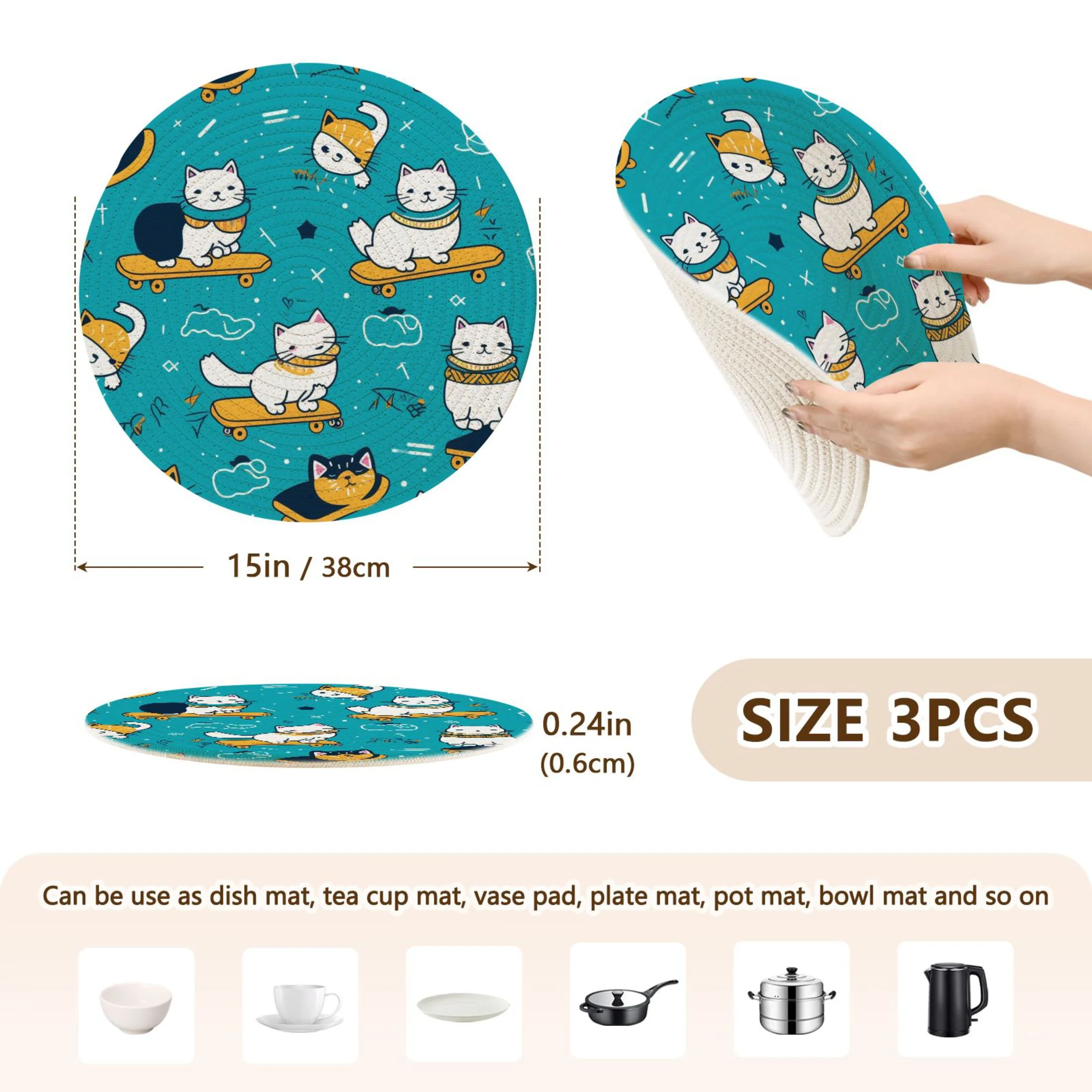 Cat with Skateboard 3 PCs Pot Holders Trivets Kitchen 15