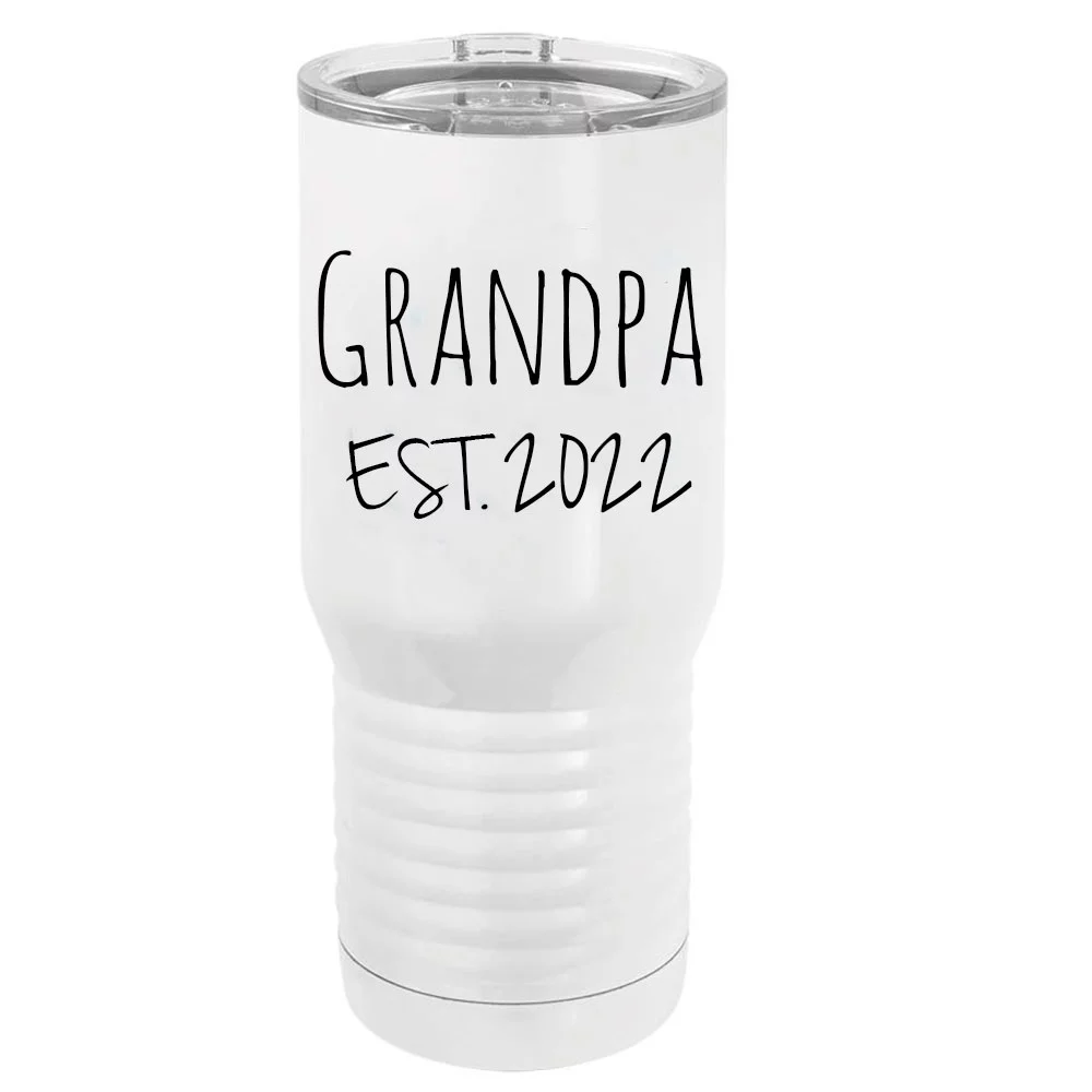 Grandpa Est. 2022 Established Stainless Steel Vacuum Double-Walled Insulated 20 Oz Tumbler Travel Coffee Mug with Clear Lid, White