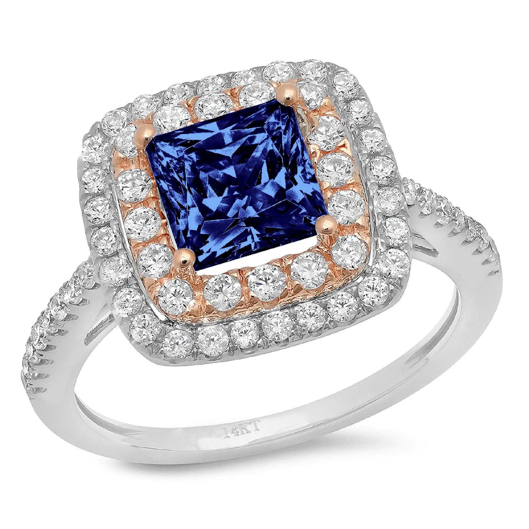 2.16ct princess cut blue simulated tanzanite 18k while rose gold anniversary engagement halo ring size 9.5