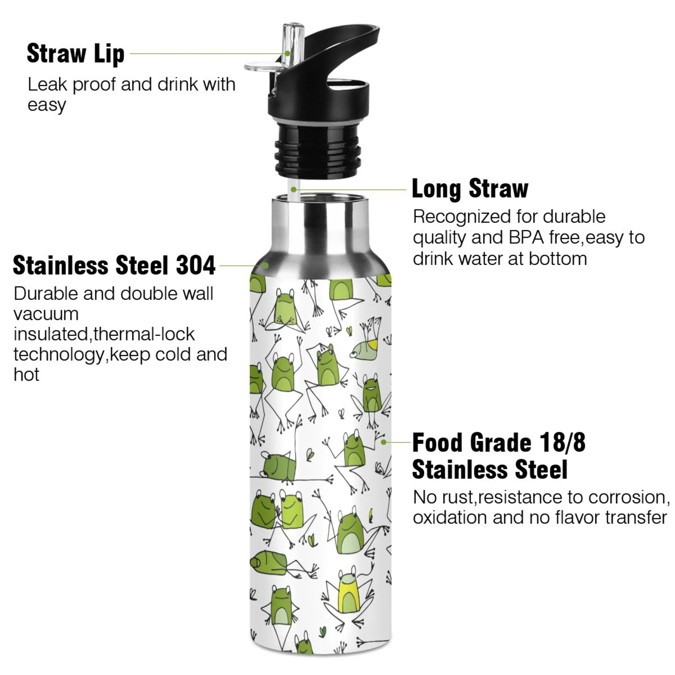 Water Bottle with Straw Lid Leak Cartoon Frog Stainless Steel Insulated Thermos Vacuum Flask for Cold Hot Drinking for Sports Camping Gym Yoga