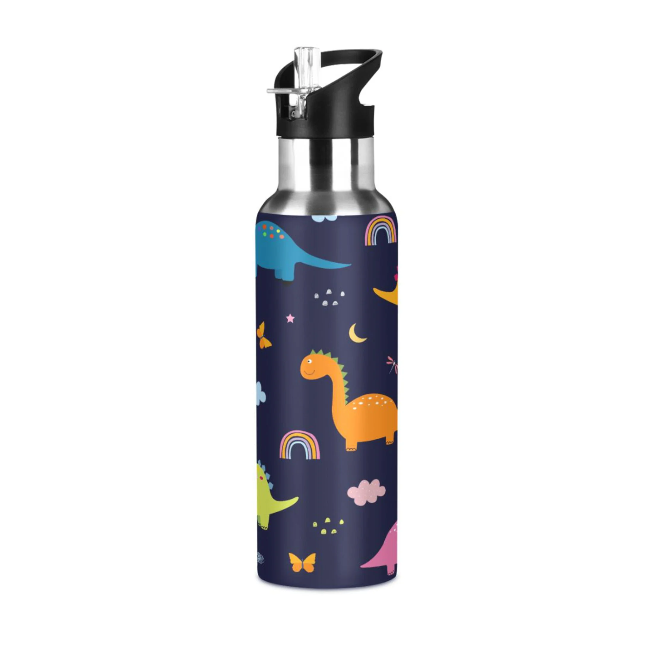 Water Bottle with Straw Lid Leak Dinosaur Cartoon Childish Black Stainless Steel Insulated Thermos Vacuum Flask for Cold Hot Drinking for Sports Camping Gym Yoga
