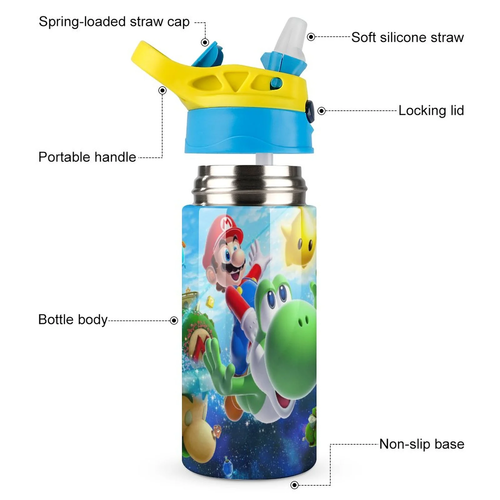 Super Mario Galaxy Kid's Insulated Water Bottle With Straw Vacuum Stainless Steel Cup Leak-Proof Children Toddler Thermoses