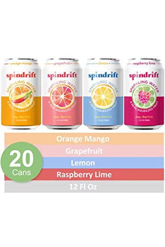 Spindrift Sparkling Water, 4 Flavor Variety Pack, Made with Real Squeezed Fruit, 12 Fl Oz Cans, Pack of 20 Seltzer Water Cans