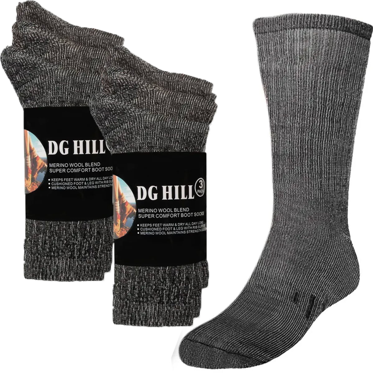 DG Hill 6 Pair Thermal 80% Merino Wool Socks Crew Winter Men’s Women’s Kids