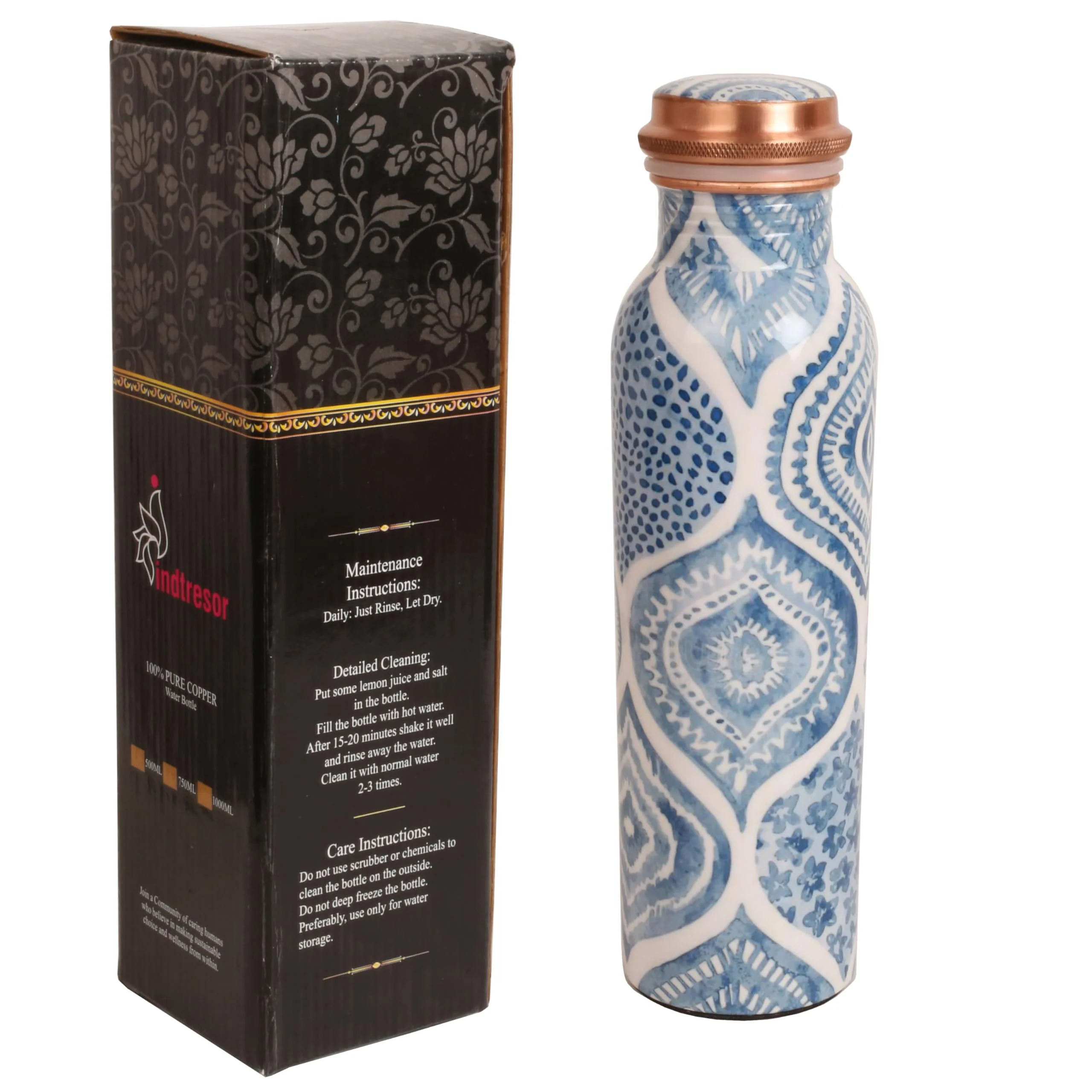 Indtresor Pure Copper Water Bottle - Fine Handcrafted - Ayurveda health benefits - Small 16.90 OZ - Leak proof - Easy to carry for Sports, Fitness, Yoga, School - Sky Blue Artistic Prints.