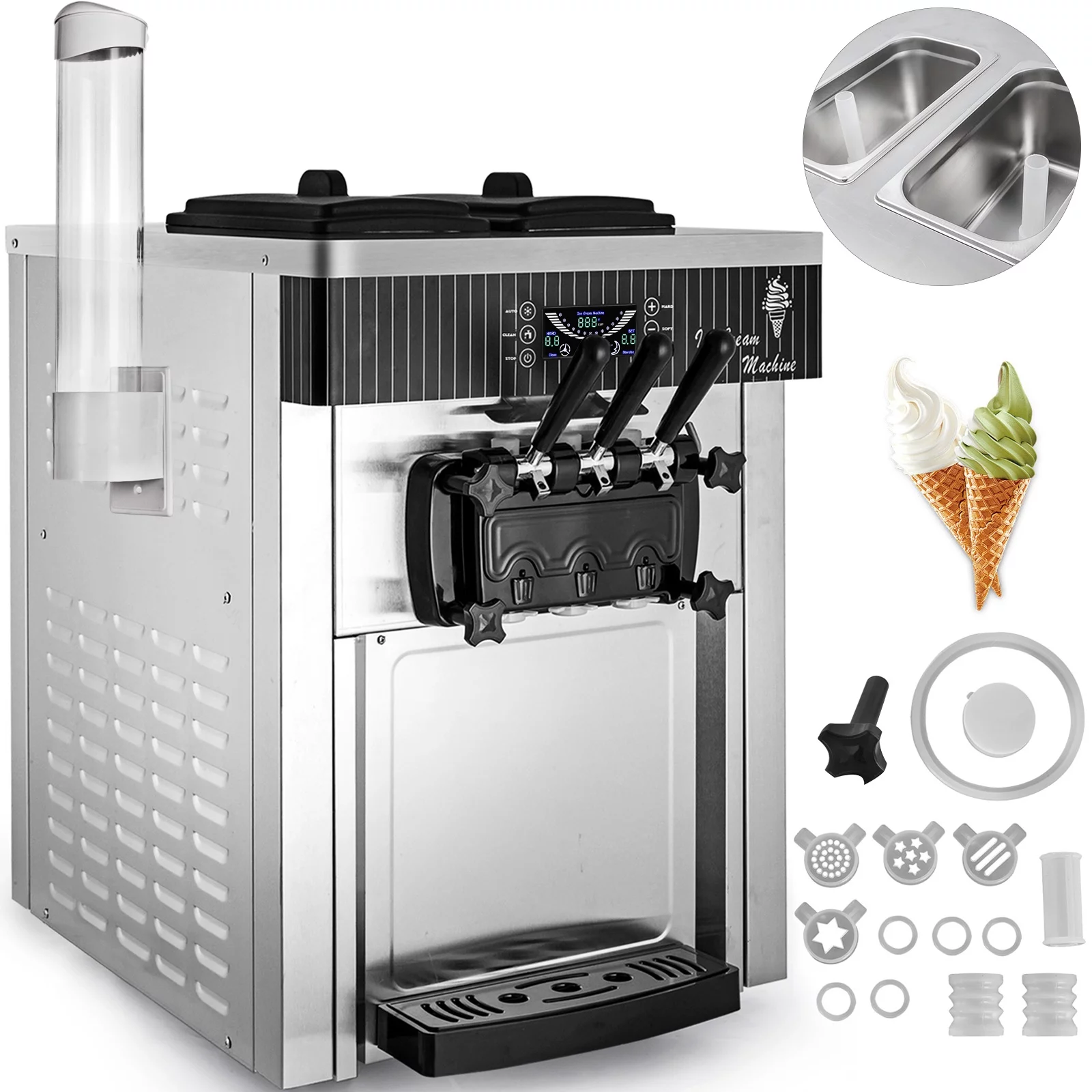 BENTISM Commercial Ice Cream Machine 20-28L/H Soft Serve with LED Display Auto Clean 3 Flavors 2200W, Silver