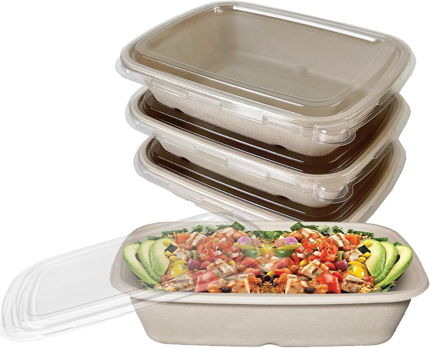 EcoQuality 29oz Disposable Bowls with Clear Lids - Rectangular Compostable Sugarcane Fiber Biodegradable Paper Bowls Eco-Friendly Take Out Food Storage Containers, Microwave Safe, Meal Prep (25 PACK)