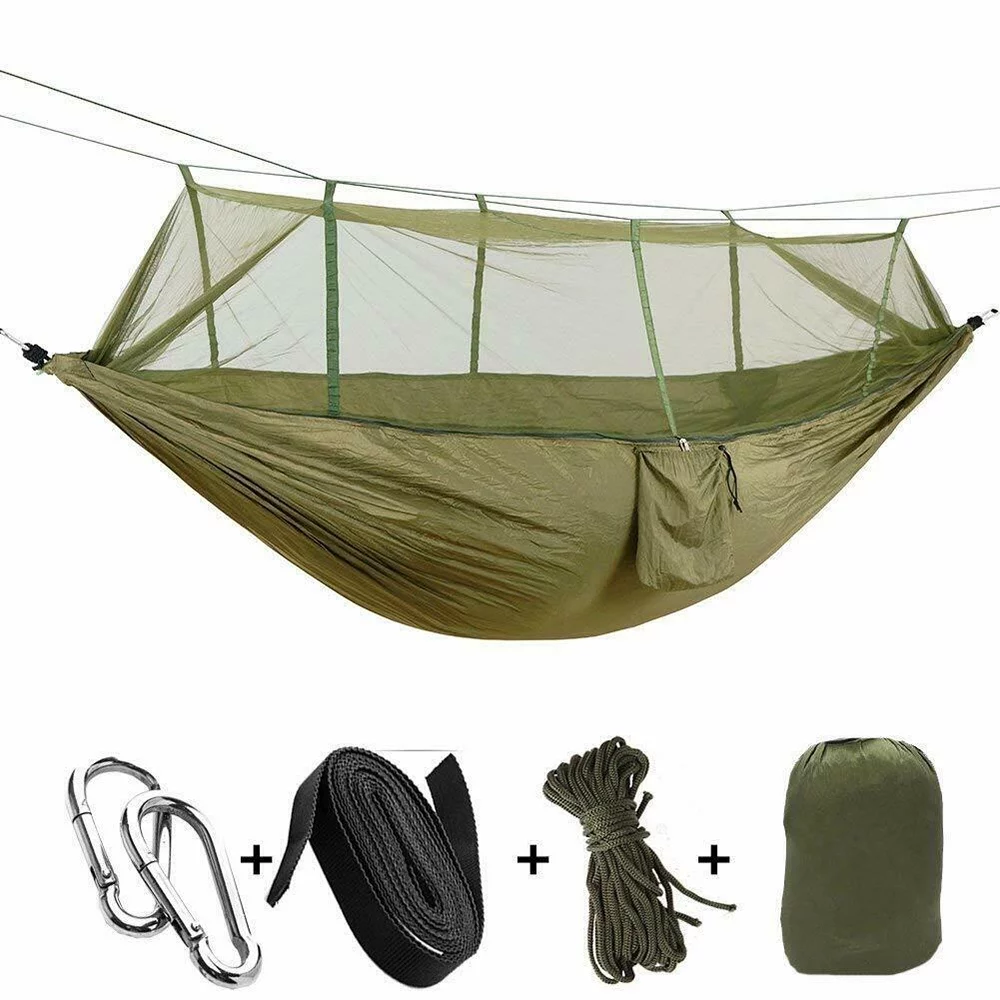 IC ICLOVER Camping Hammock with Mosquito Net and Hammock Underquilt, Portable Nylon Parachute Hammock Full Length Warm Under Quilts Set for Winter Cold Weather - Green