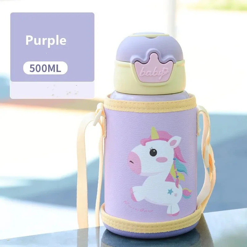 500ml Unicorn Kids Thermos Bottle Cute Children's Thermal Water Bottle Stainless Steel Thermos Mug For Student Water Cup 500ML PURPLE