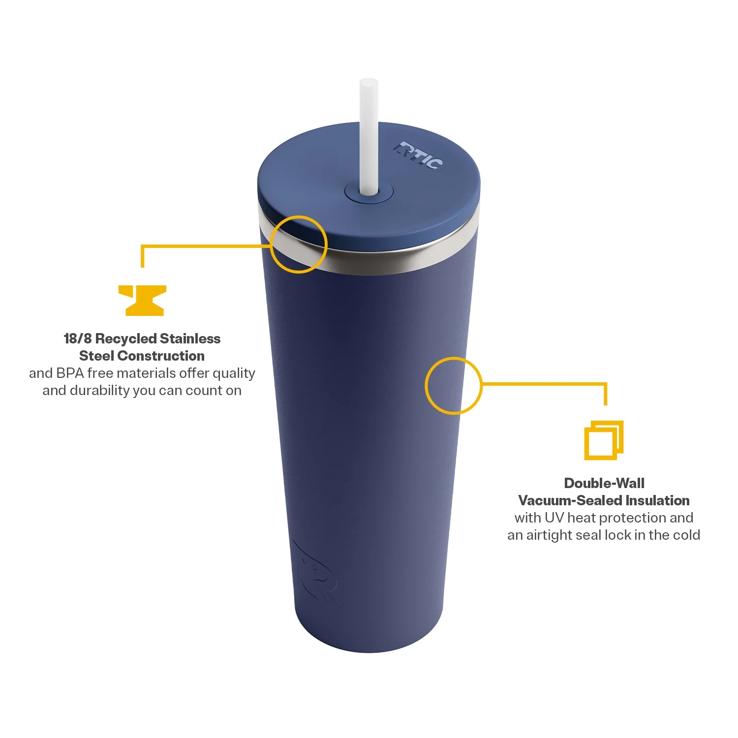 RTIC 28 oz Ceramic Lined Everyday Tumbler, Spill-Resistant Straw Lid, Navy