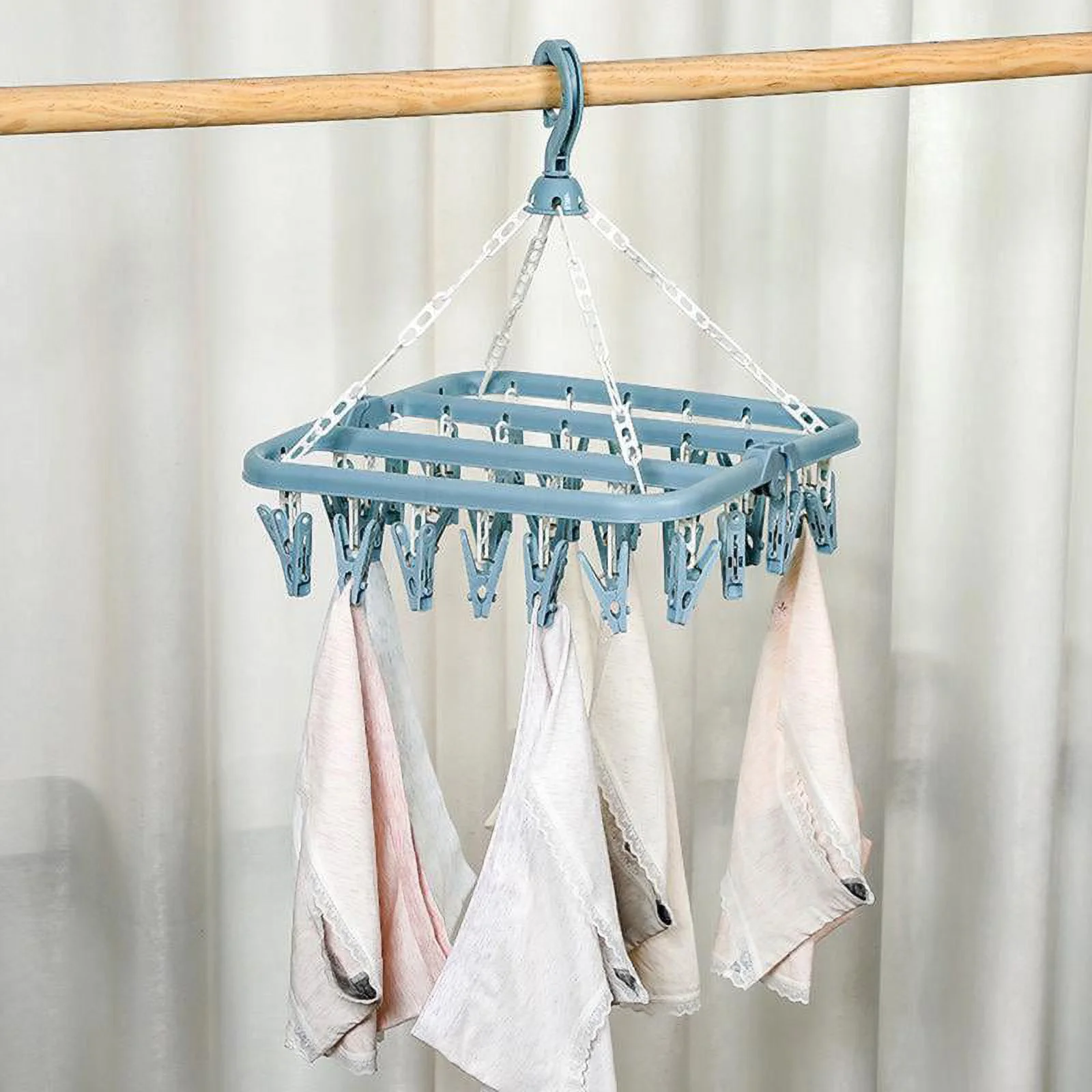 Folding Clothes Hanger Dryer Windproof Socks Underwear Dryer 32 Peg Blue