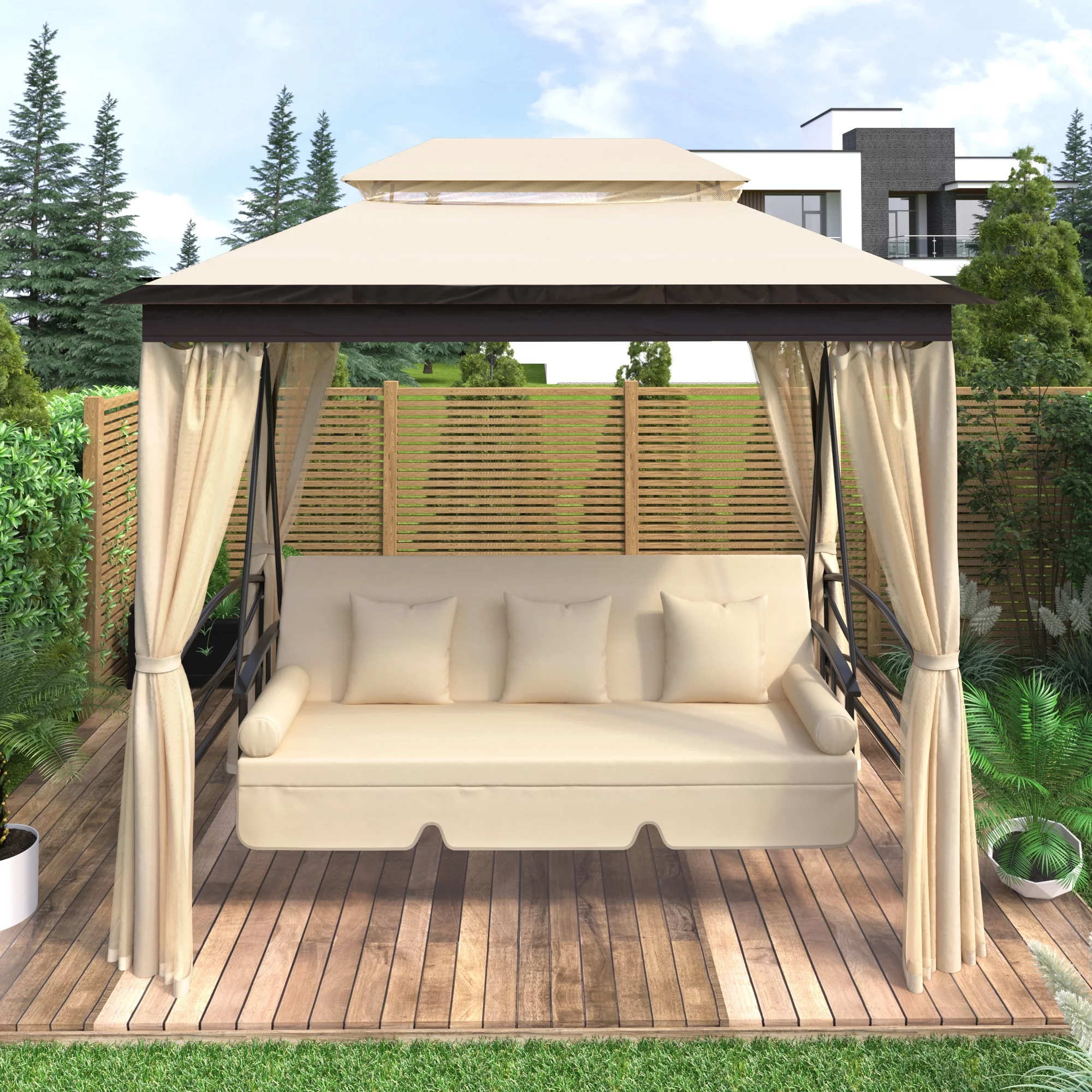 [VIDEO provided] U_STYLE 8.9 Ft. W x 5.9 Ft. D Outdoor Gazebo with Convertible Swing Bench, Double Roof Soft Canopy Garden Backyard Gazebo with Mosquito Netting Suitable for Lawn, Garden, Backyard