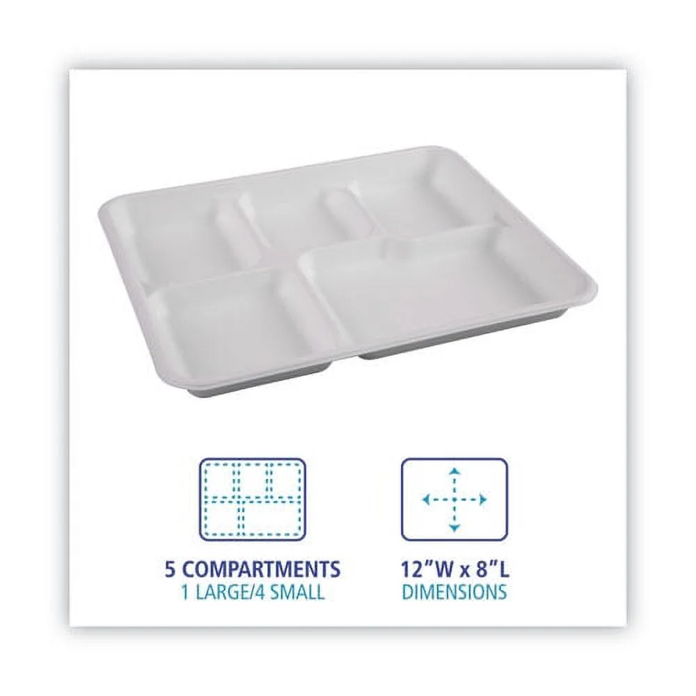 Bagasse Dinnerware, 5-Compartment Tray, 10 x 8, White, 500/Carton | Bundle of 2 Cartons