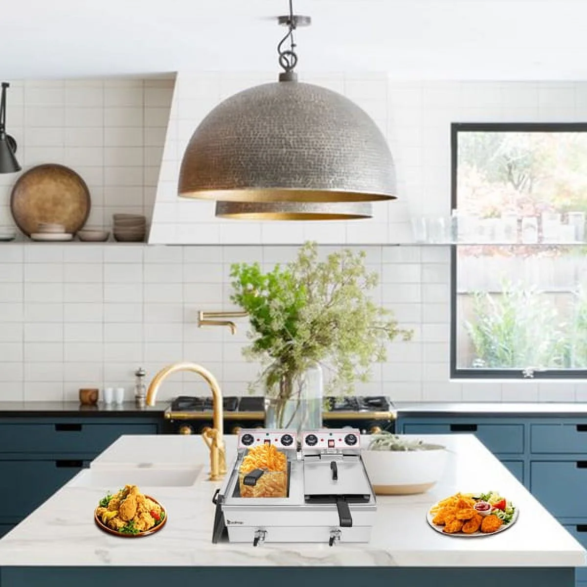 SYTHERS Double Tank Deep Fryer 16.9Qt/16L Total Capacity 24.9Qt/23.6L Stainless Steel Faucet Double Tank Deep Fryer 3400W Max (8L 8L Big Blue/Large Handle)