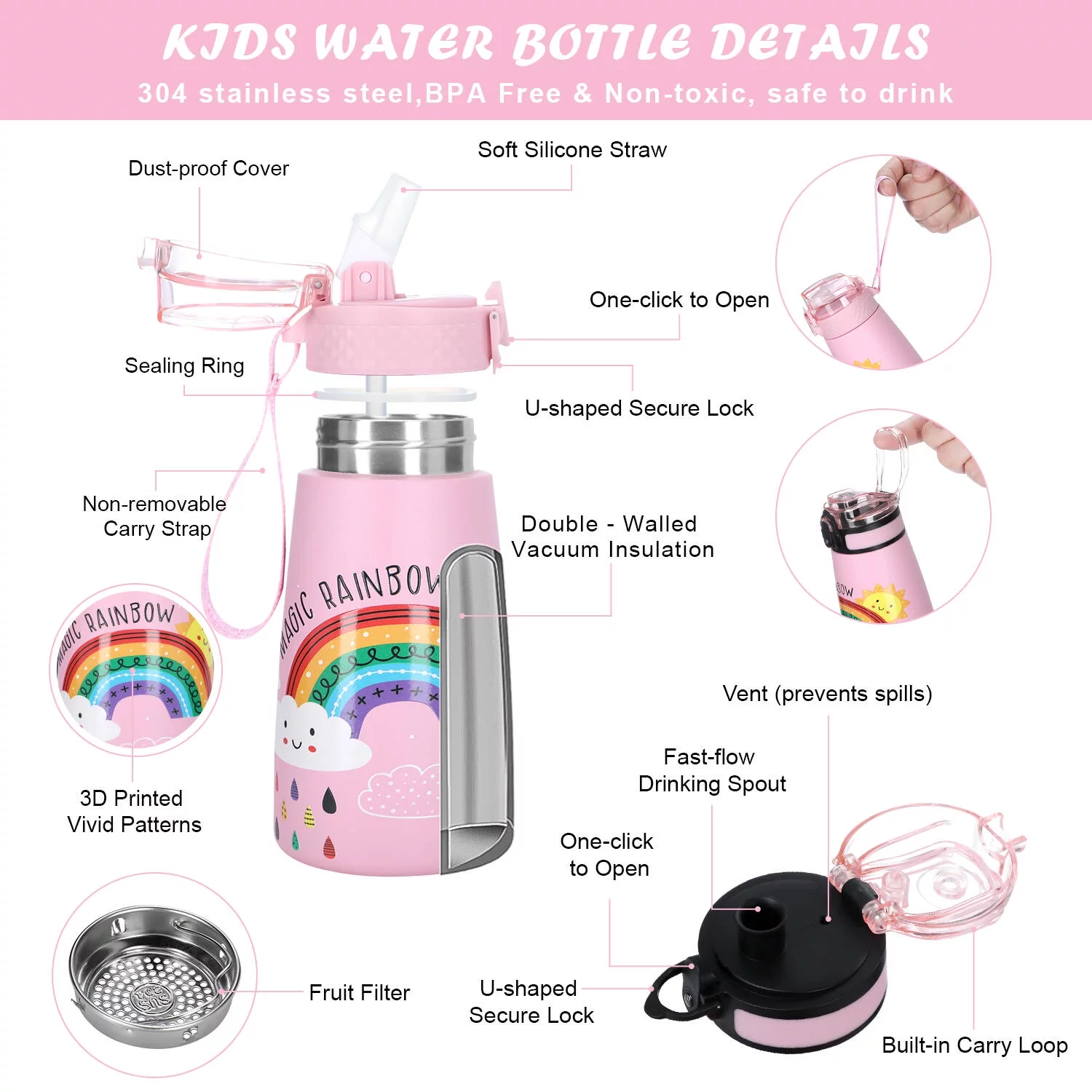 Oldley Kids  Water Bottle 12 oz Double Wall Vacuum Stainless Steel Leakproof Water Bottles with Two Lids Girls Gift Pink