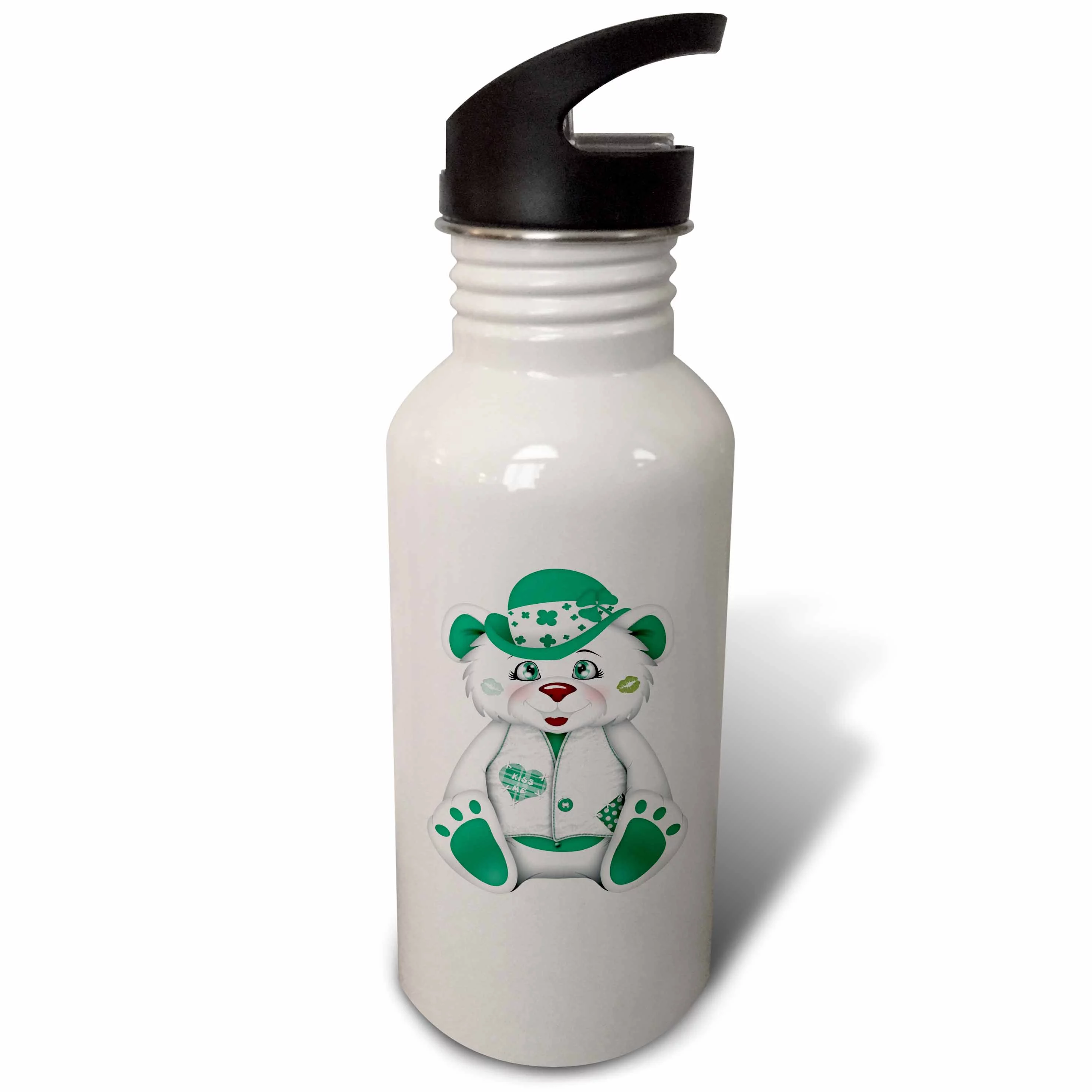 Cute White and Green Lucky Irish Bear Illustration 21 oz Sports Water Bottle wb-222646-1