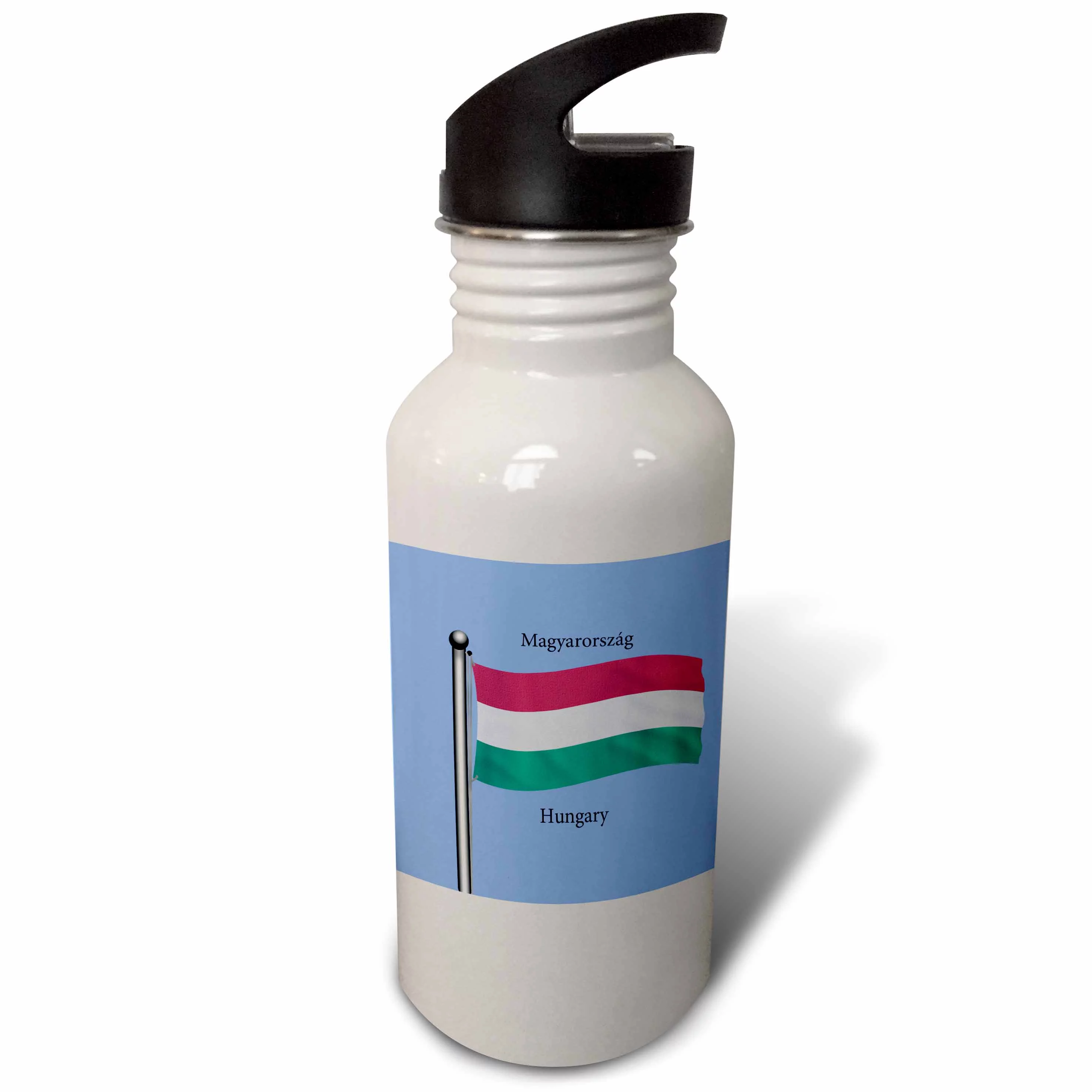 The flag of Hungary waving on a blue background and Hungary written in both English and Hungarian 21 oz Sports Water Bottle wb-63162-1