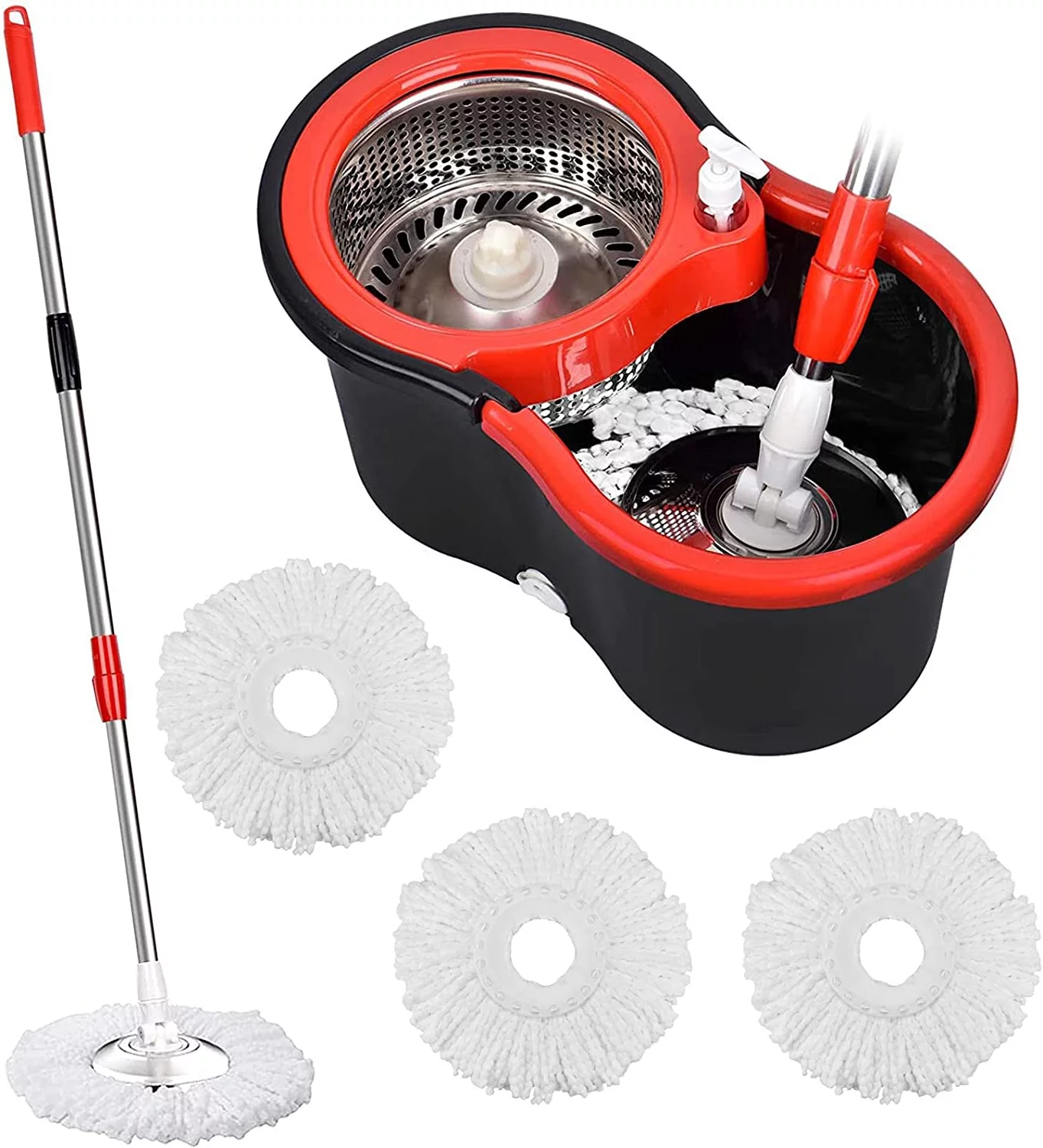 Spin Mop and Bucket System, Mops and Buckets for Floors, 61 inches Mop Pole 360 Degree Spin Mop with Bucket, Upgraded 3 Mop Heads, Black & Red
