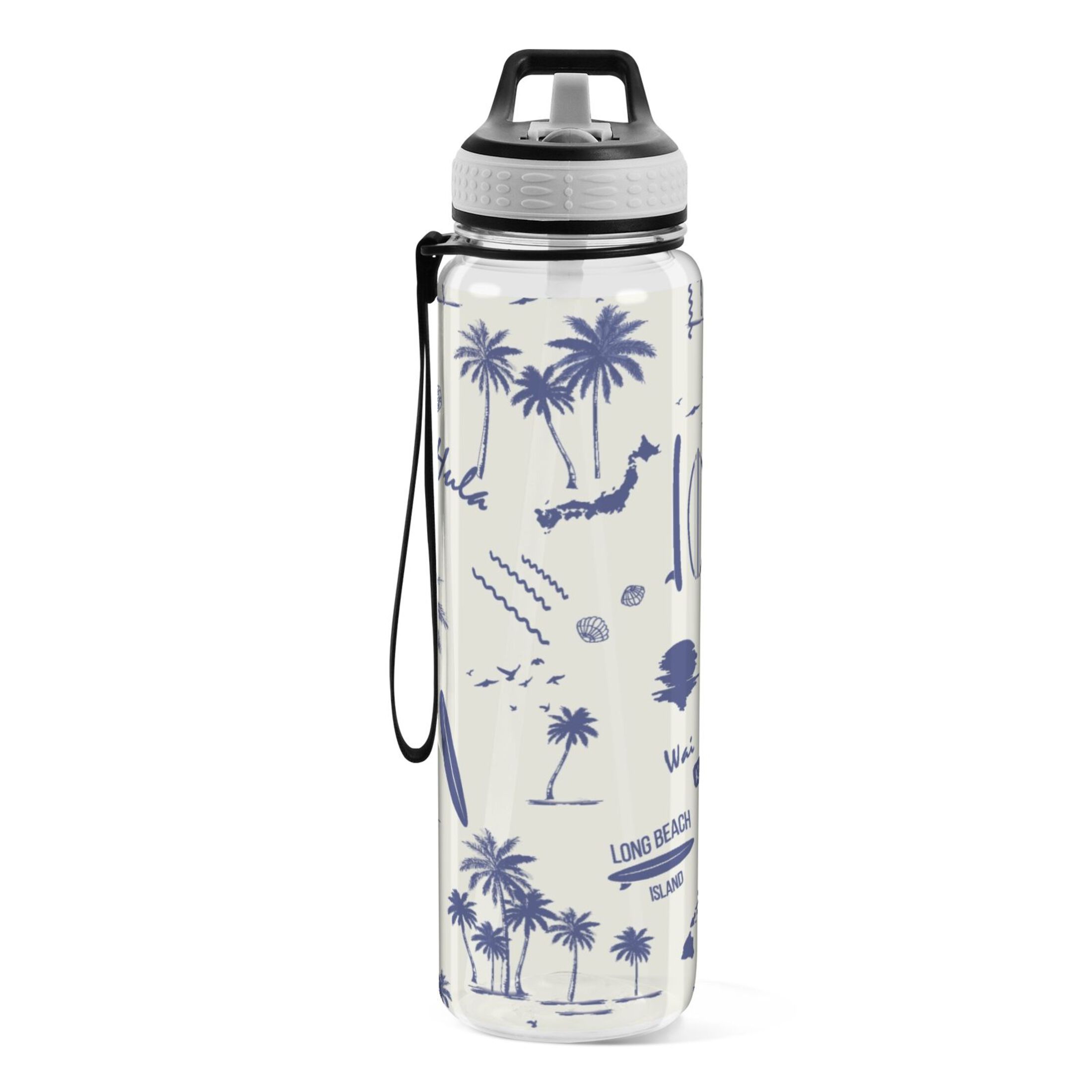 Hawaii Palm Tree Summer 32oz Sports Water Bottles Leakproof Tritan Bottle with Straw BPA Free Clear Bottle for Fitness Gym Outdoor Cycling