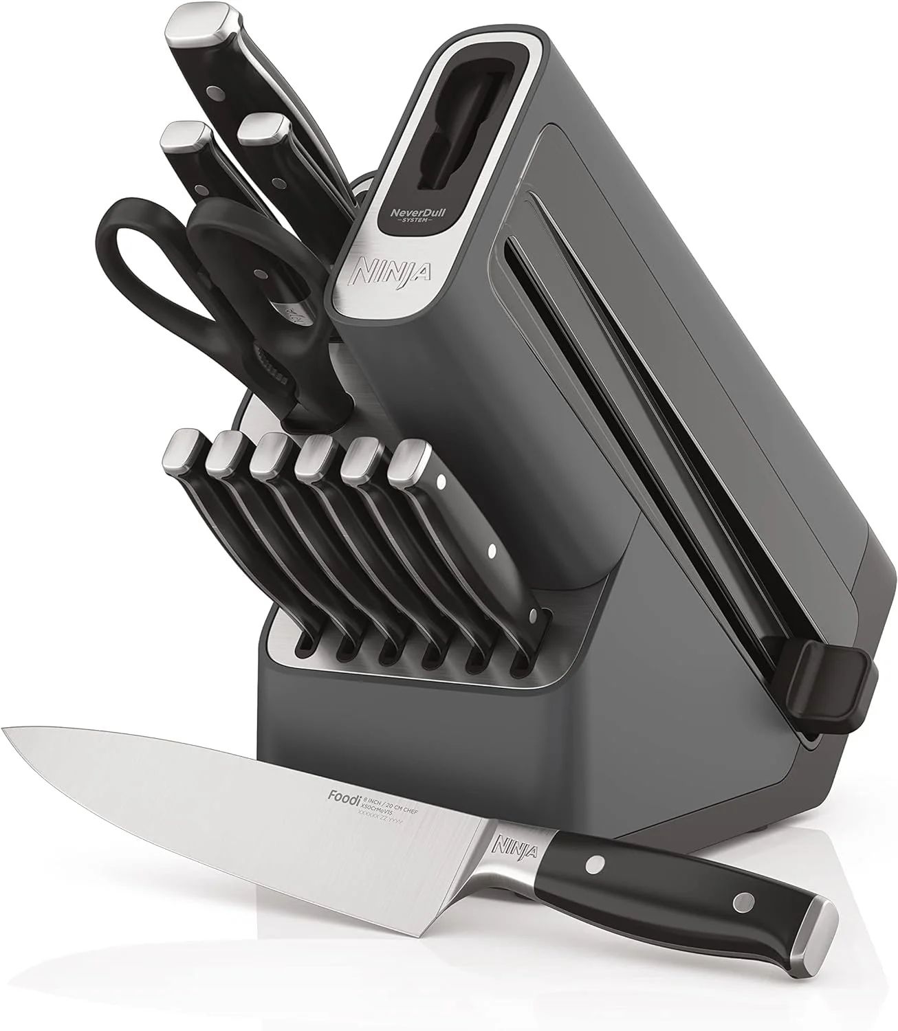 Open Box Ninja K32012 Foodi NeverDull Premium Knife System, 12 Piece Knife Block Set with Built-in Sharpener, German Stainless Steel Knives, Black