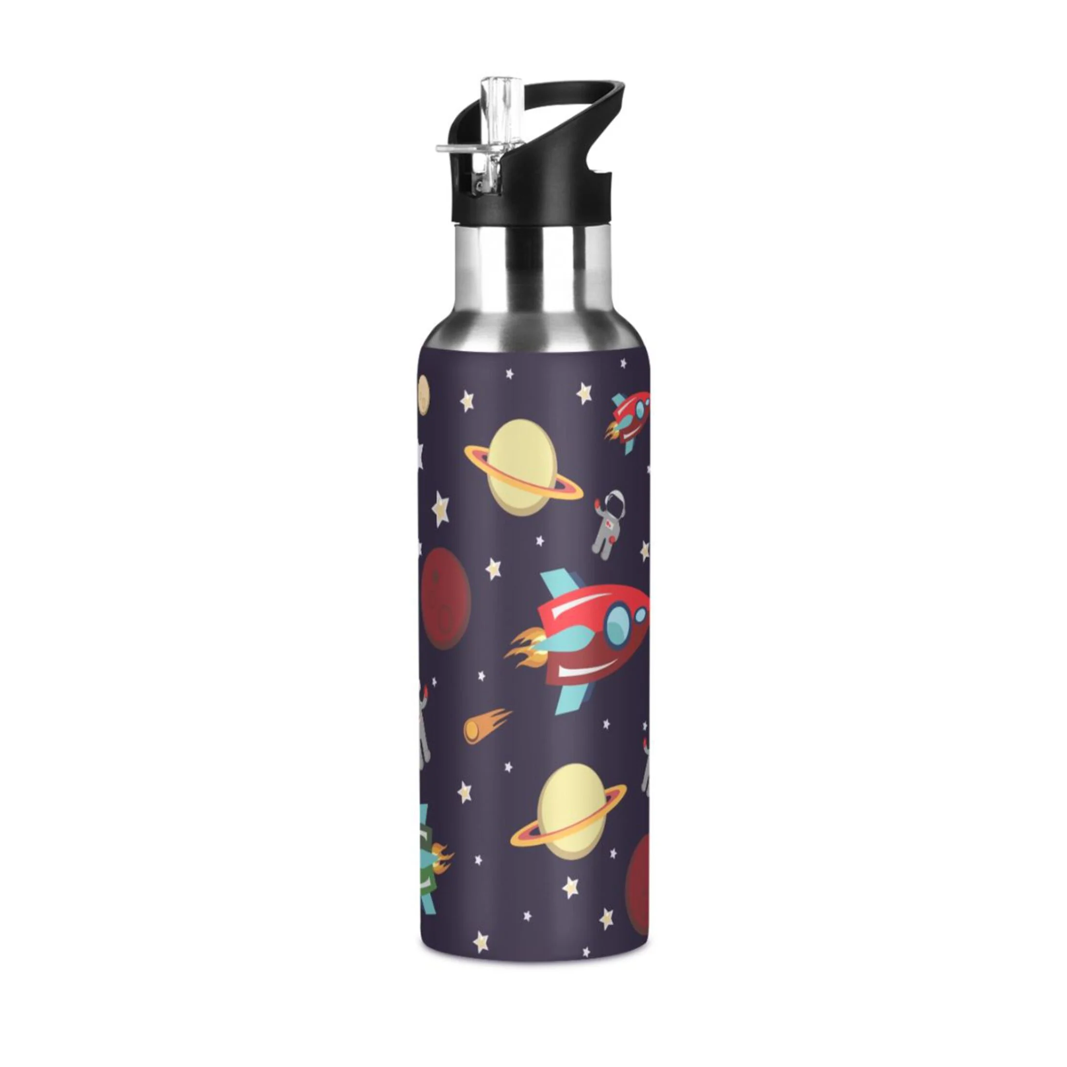 Water Bottle with Straw Lid Leak Space Rocket Planets Astronaut Stainless Steel Insulated Thermos Vacuum Flask for Cold Hot Drinking for Sports Camping Gym Yoga