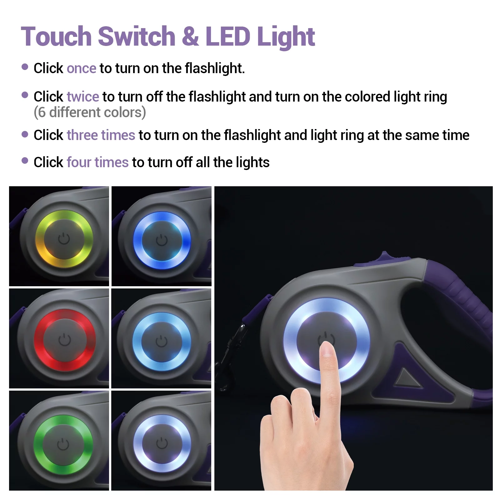 BEBANG Retractable Dog Leash, 16ft with Light, Anti-Slip Handle, One Button Brake & Lock Tangle-Free Dog Retractable Leash