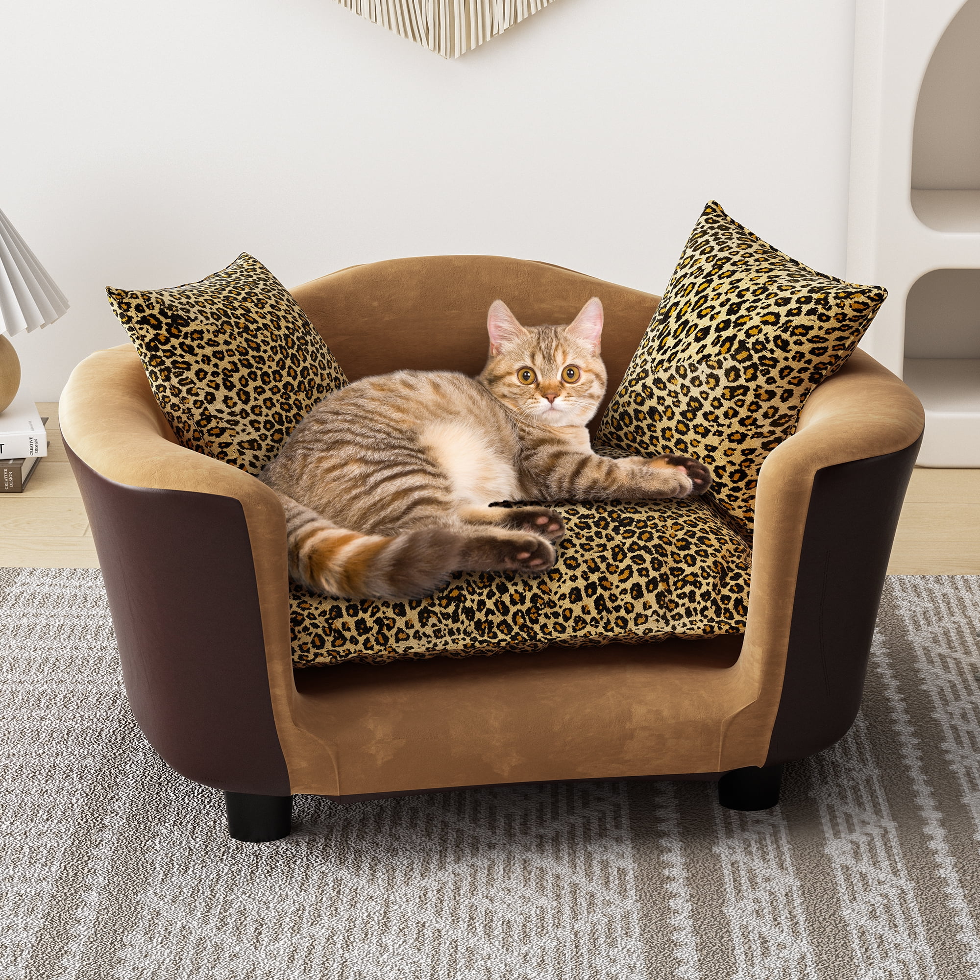 DAWNYIELD Fluffly Deluxe Pet Bed Sofa Chocolate Leopard grain, Small