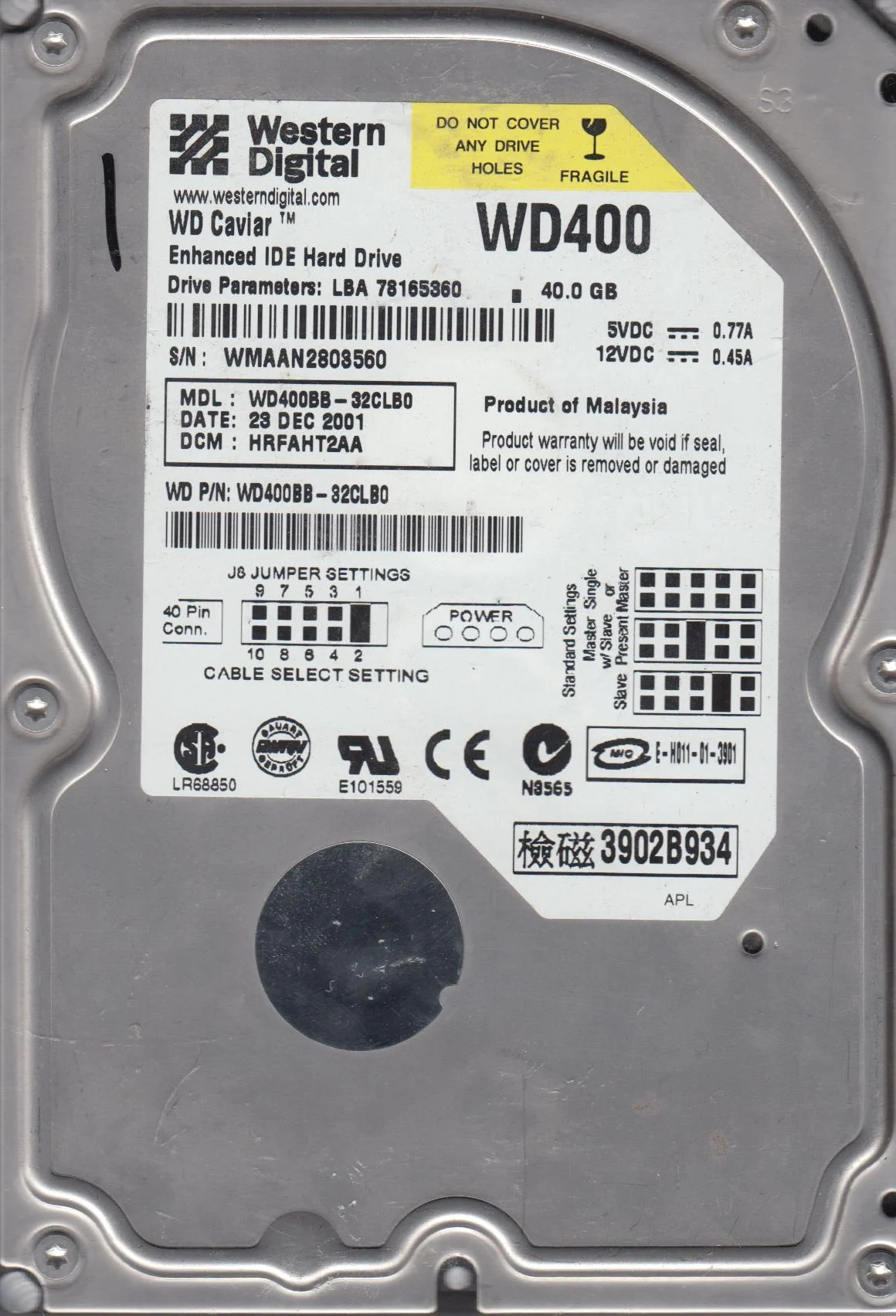 WD400BB-32CLB0, DCM HRFAHT2AA, Western Digital 40GB IDE 3.5 Hard Drive