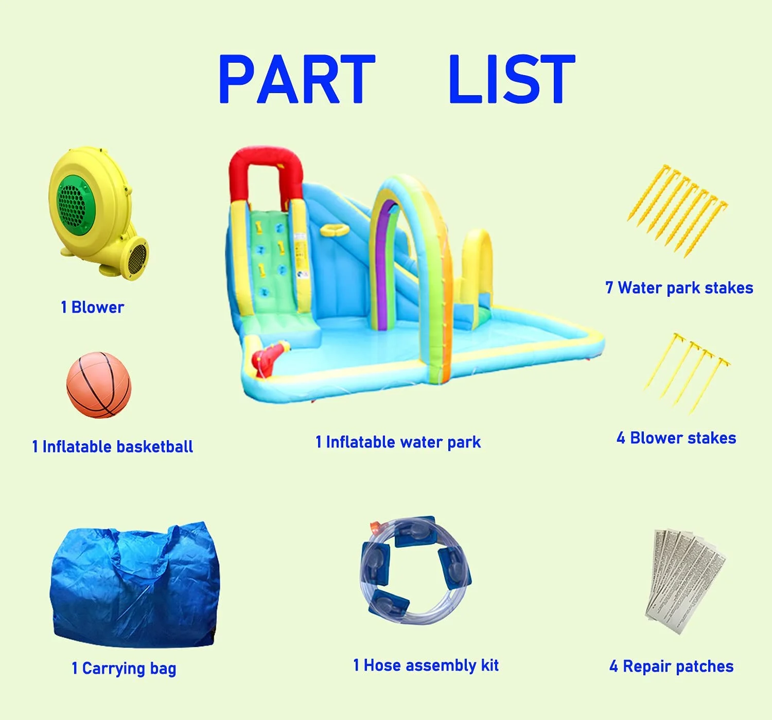 Inflatable Water Slide Park with Air Blower, Kids Inflatable Bouncer House Slide, Climbing Wall, Splash Pool and Rainbow Sprinkler