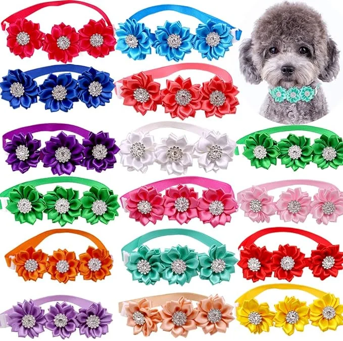 Masue Pets 15pcs/Pack Dog Bow Tie Dog Flower Collar Diamond Dog Accessories Pet Flower Bows Small Dogs Cat Puppy Bowtie Collar Dogs Bowties Pet Supplies