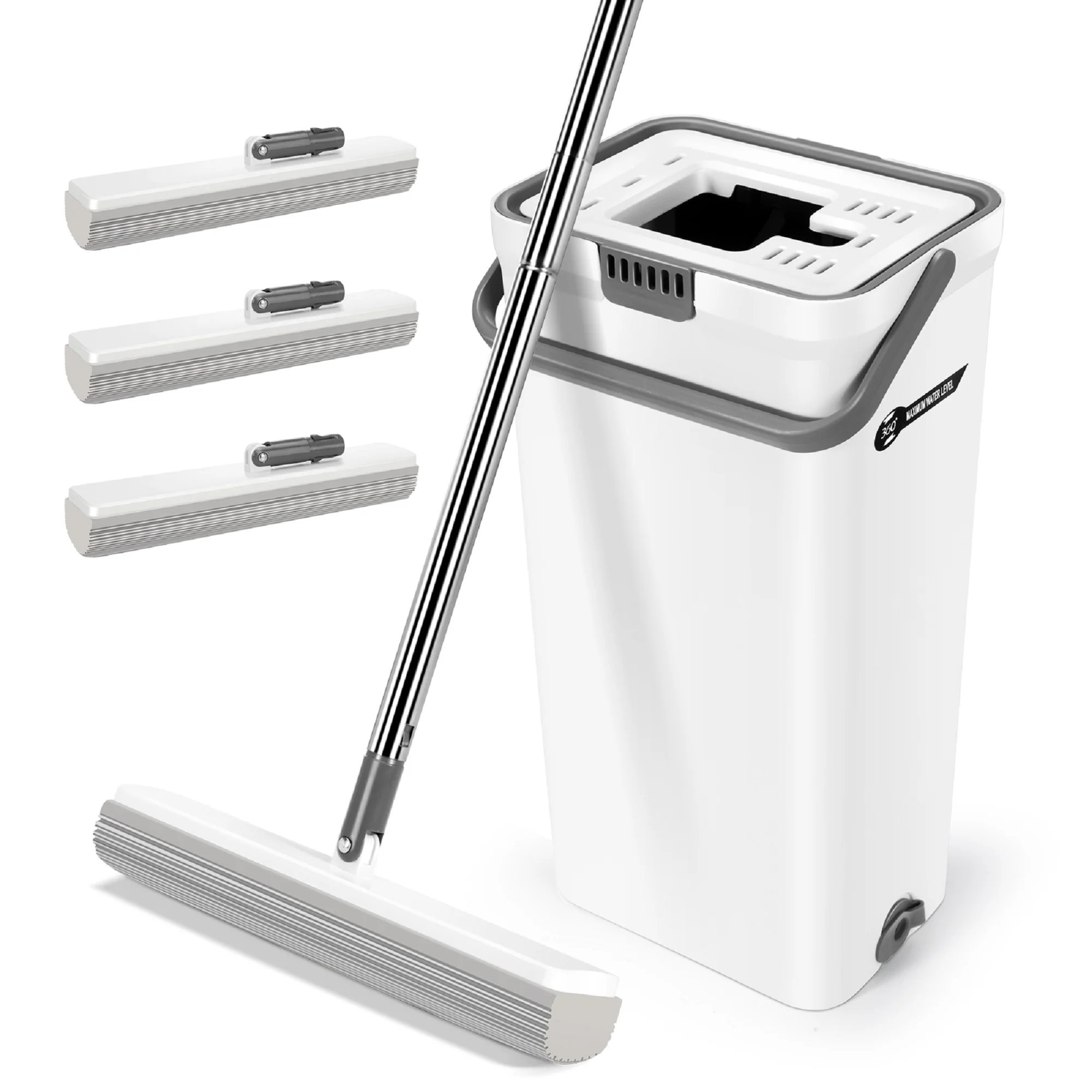 Mastertop Mop and Bucket Set, Hands-Free Cleaning Floor Sponge Mop and Bucket, 3 Sponge Heads