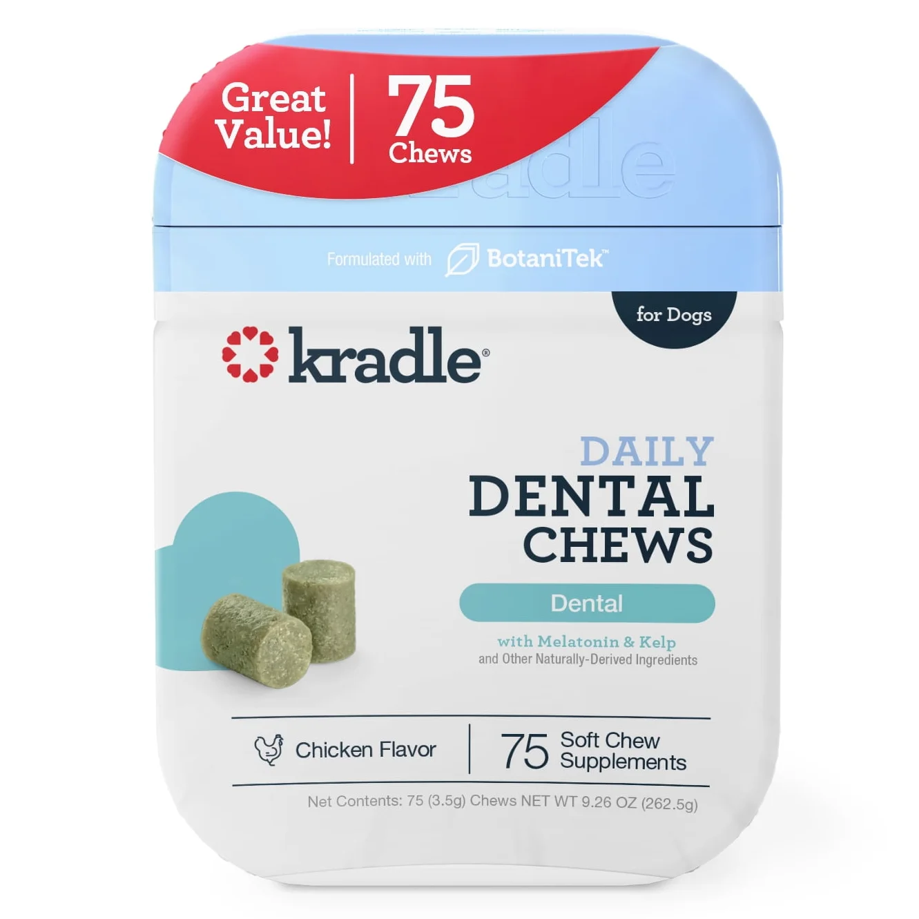 Kradle Calming Dental Soft Chews, Dog Gut Health, Teeth & Gums Support, Chicken Flavor, 75 Count