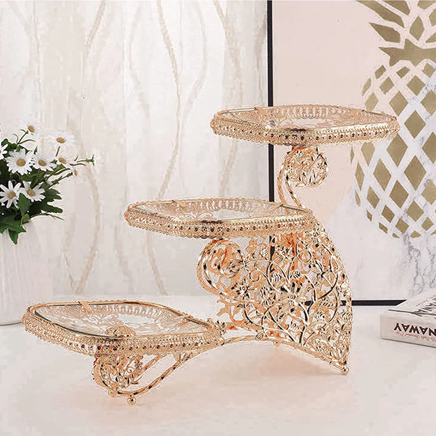 Oukaning 3 Layers Creative Design Fruit Plate Multi-Layer Cake Stand Gold Cupcake Holder Stand Fruit Candy Bowl Party Wedding