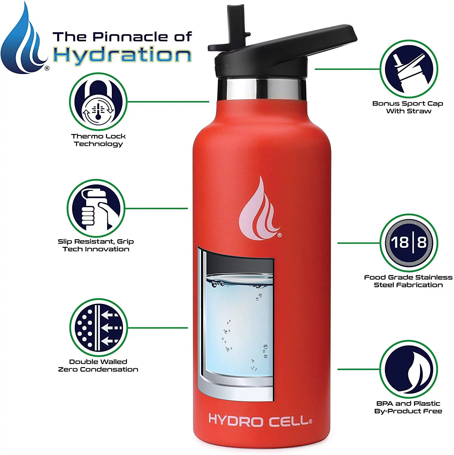 HYDRO CELL Stainless Steel Water Bottle w/Straw & Standard Mouth Lids