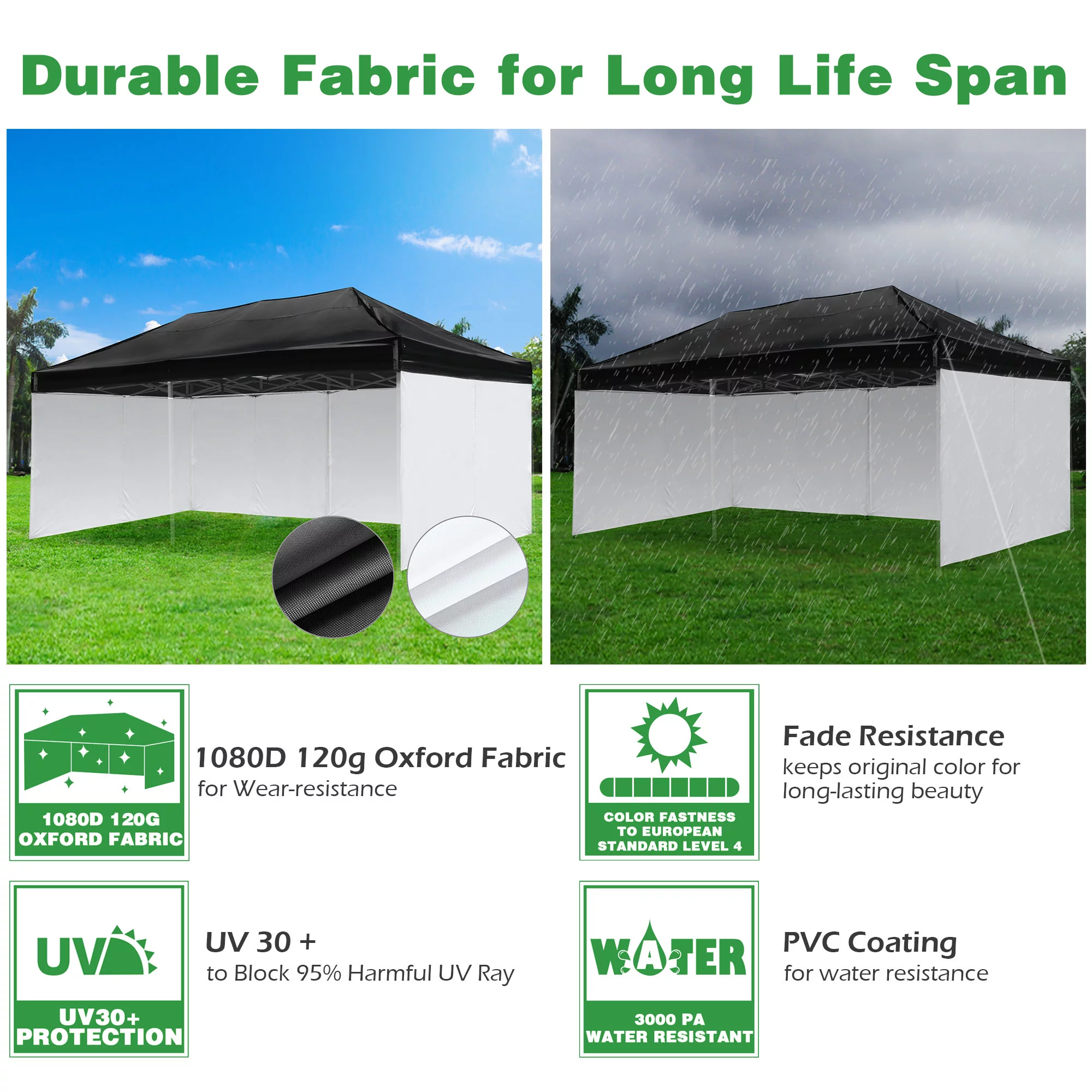 InstaHibit 10x20Ft Pop up Canopy Top Kit 4 Privacy Sidewalls for Pop Up Tent