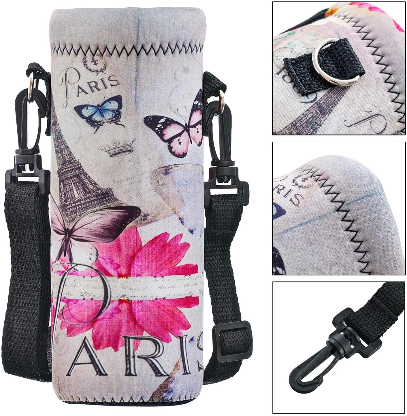 WINTOJO Water-Bottle Case bag Cooler Carrier -16.9oz 24oz 32oz Water Bottle Sleeve Strap Sling Holder for School Walking Hiking Running (Eiffel Tower, 750ML)