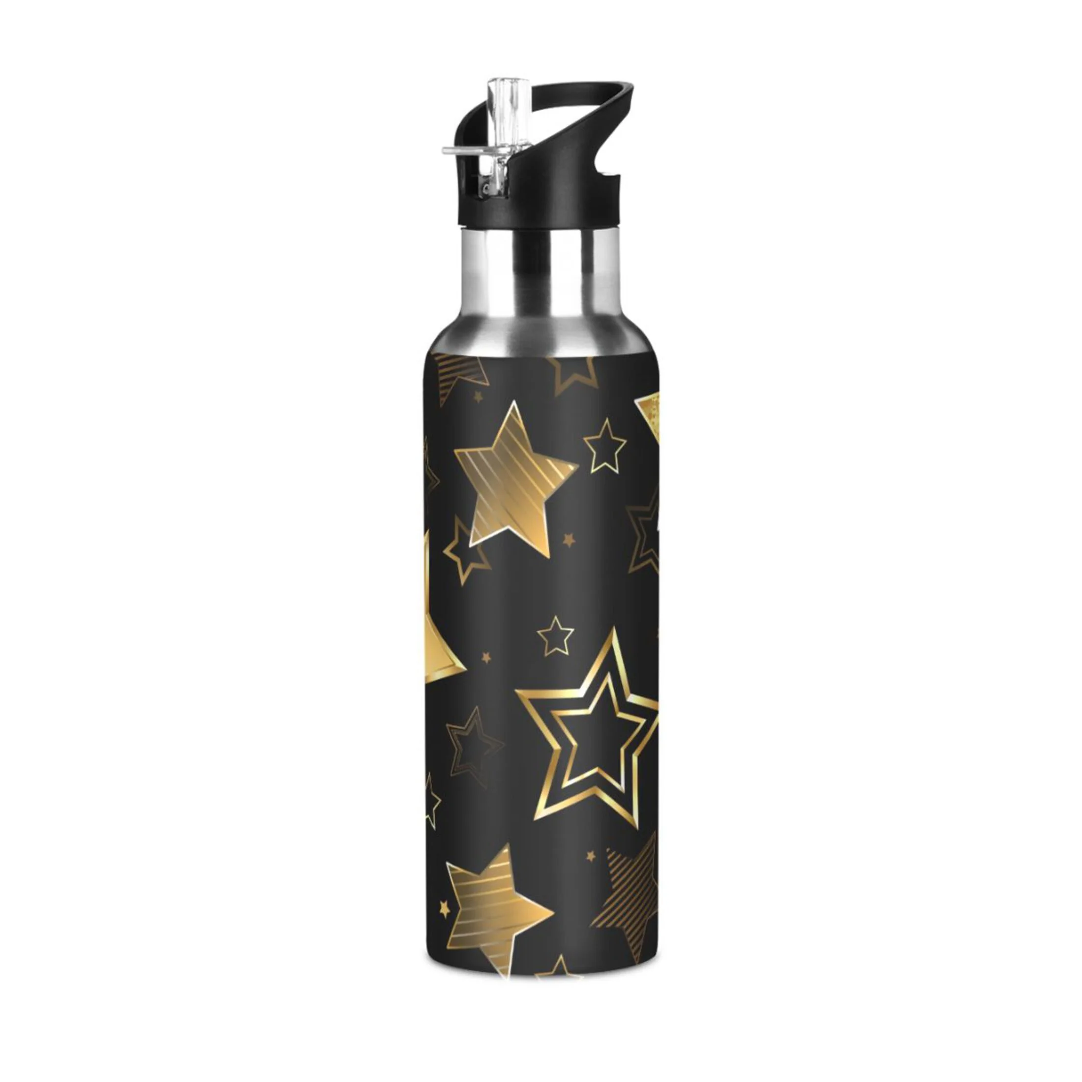 Water Bottle with Straw Lid Leak Golden Stars Stainless Steel Insulated Thermos Vacuum Flask for Cold Hot Drinking for Sports Camping Gym Yoga